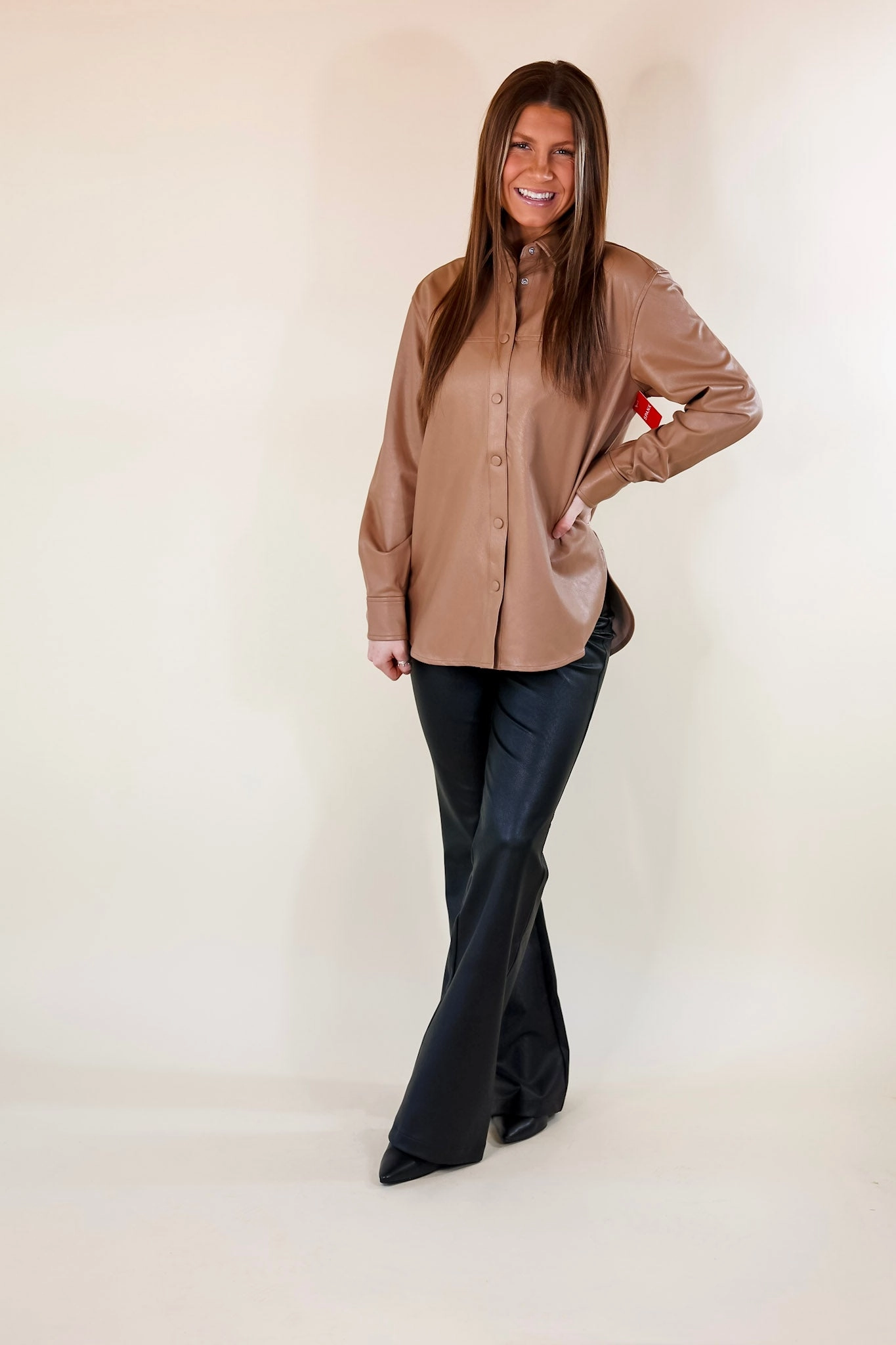 SPANX | Leather-Like Long Sleeve Oversized Shacket in Toffee Urban Cool Zoom Proper