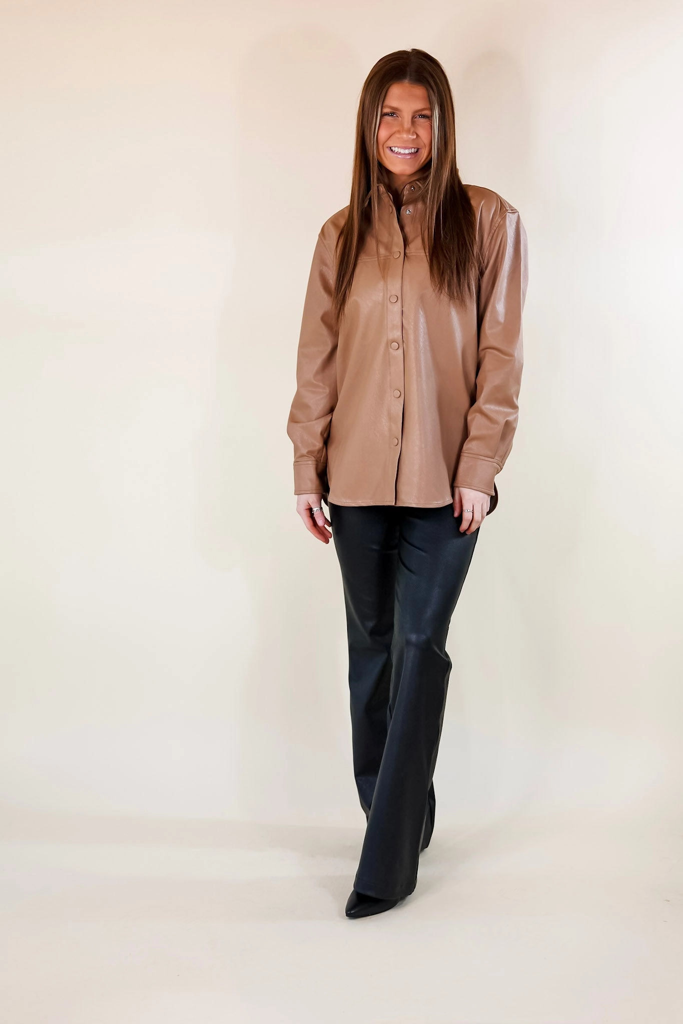 SPANX | Leather-Like Long Sleeve Oversized Shacket in Toffee Cozy Robe Senior Ease