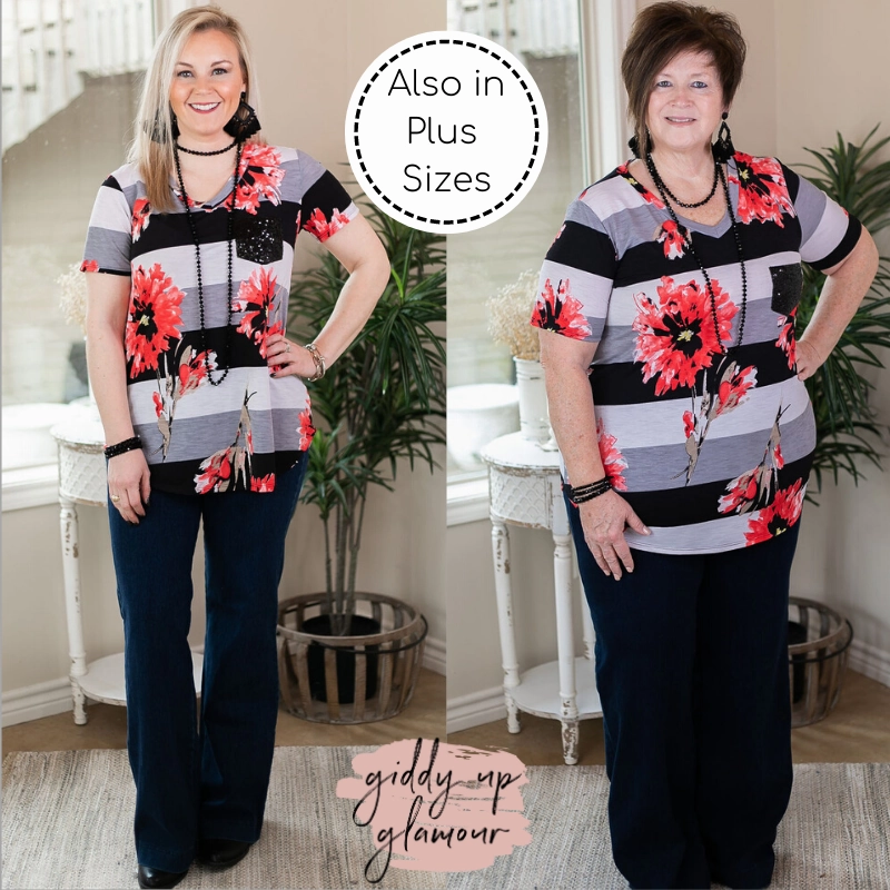 Sparkle Just Right Floral Stripe Sequin Pocket Tee in Black SustainableCertified Rugged shoes