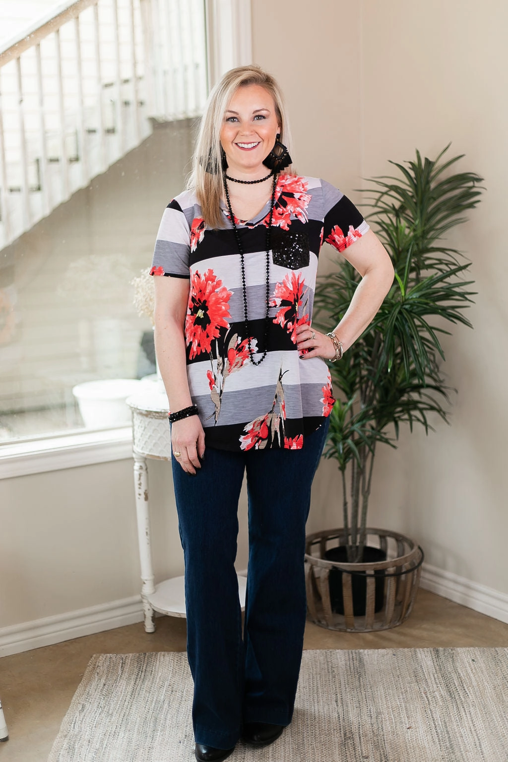 Sparkle Just Right Floral Stripe Sequin Pocket Tee in Black Classic Sweater