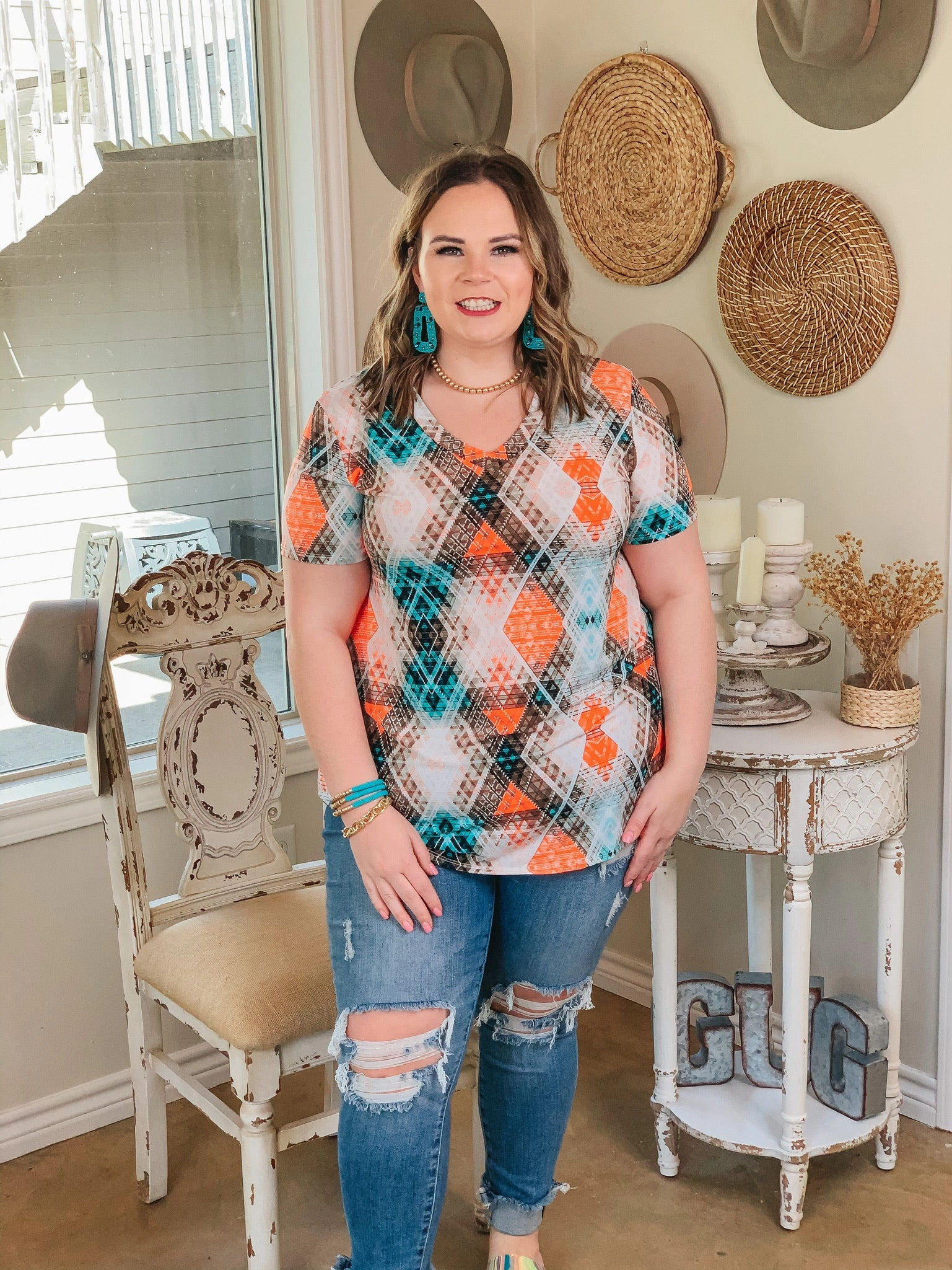 Relaxed Jeans Last Chance Small | Keep Things Simple Aztec V Neck Tee in Mint and Orange