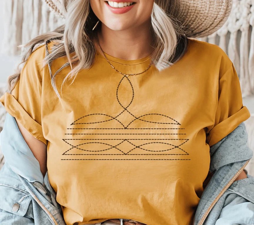 Flex Fit Button Down Online Exclusive | Boot Stitch Printed Short Sleeve Graphic Tee in Mustard Yellow