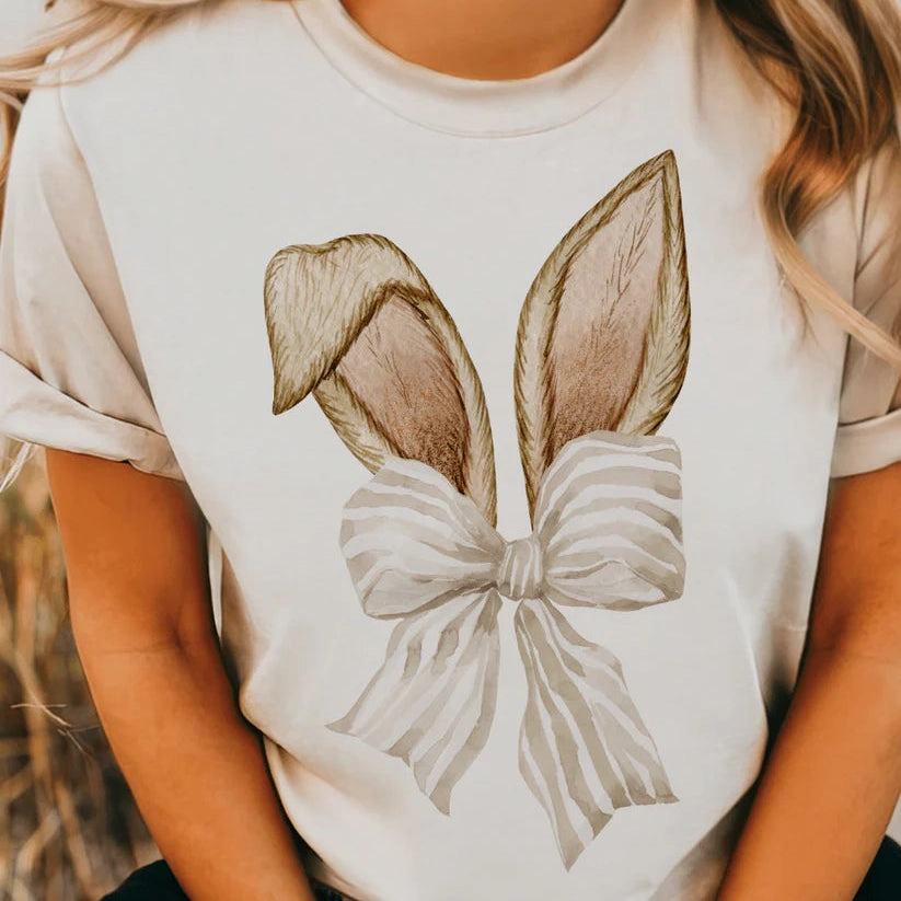 Minimalist Aesthetic Online Exclusive | Sketched Bunny Ears with Tan Bow Graphic Tee in Cream