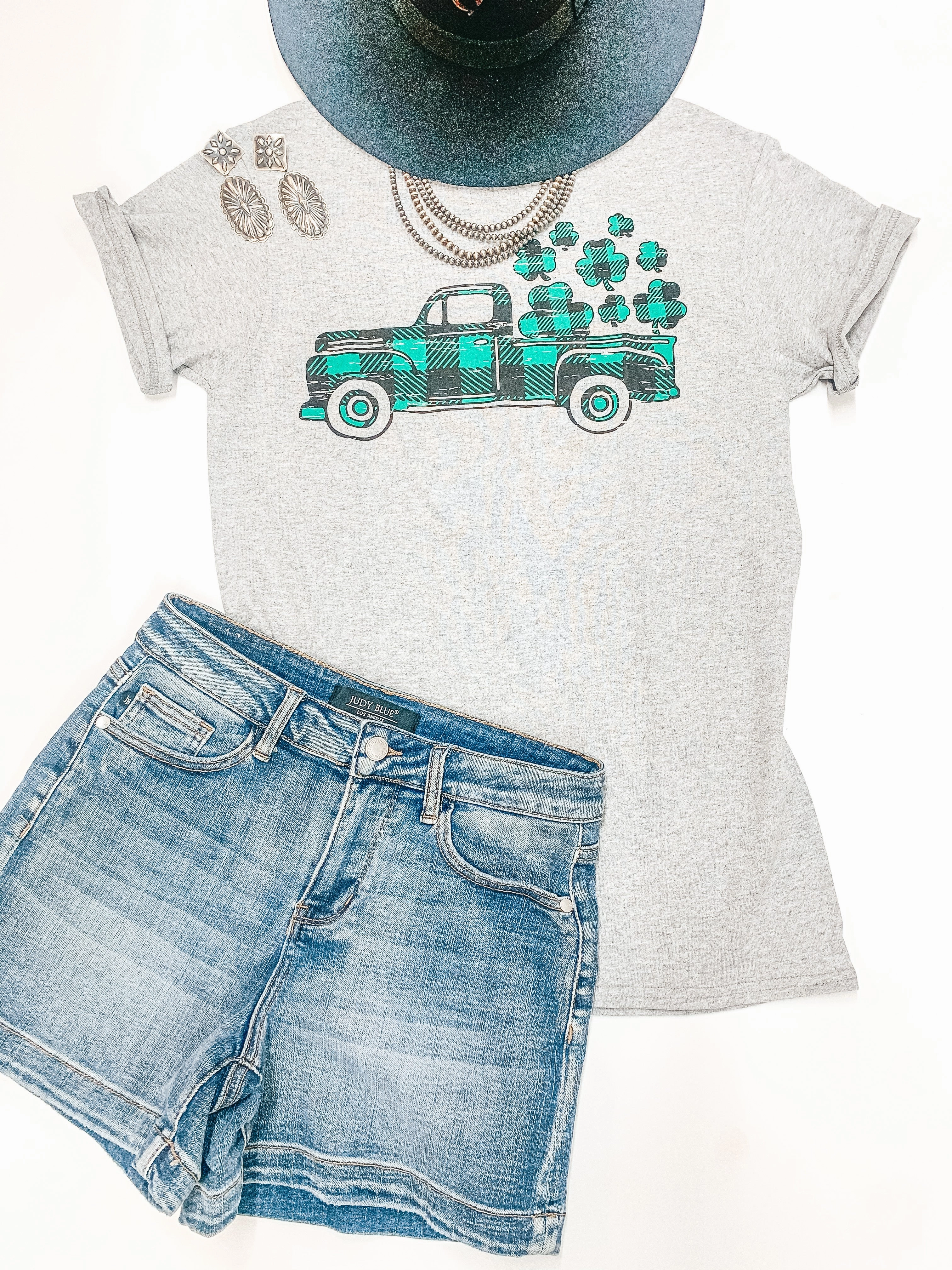 Light Comfort Style Take My Luck For A Ride Buffalo Plaid Pickup Truck with Clovers Graphic Tee in Heather Grey