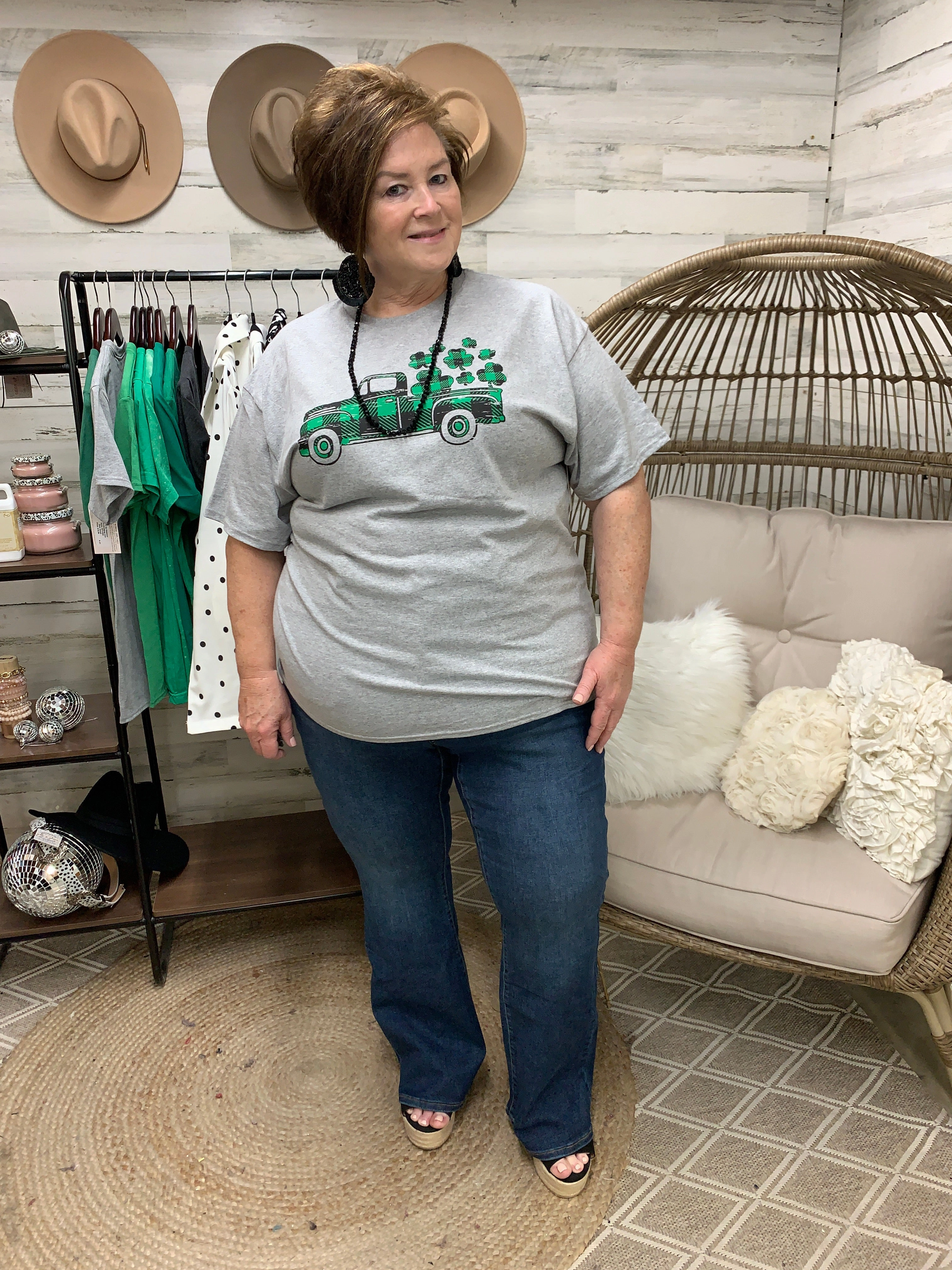 Sleek Comfort Fit sale season Take My Luck For A Ride Buffalo Plaid Pickup Truck with Clovers Graphic Tee in Heather Grey