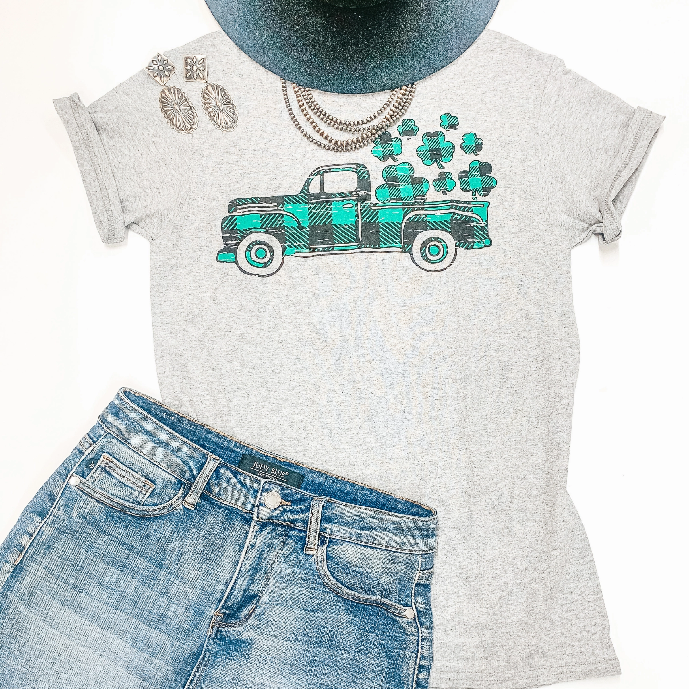 Fashionable Piece Take My Luck For A Ride Buffalo Plaid Pickup Truck with Clovers Graphic Tee in Heather Grey