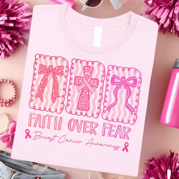 Online Exclusive | Faith Over Fear Breast Cancer Graphic on Short Sleeve Tee in Sand Light Brown Comfort Stretch Fit Stylish and Fun