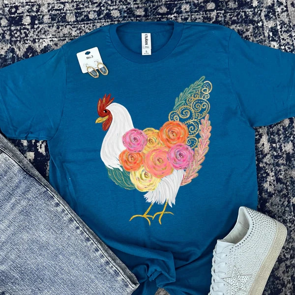 Chilly Day Style Eco Certified Fiber Online Exclusive | Floral Rooster Graphic on Short Sleeve Tee in Teal