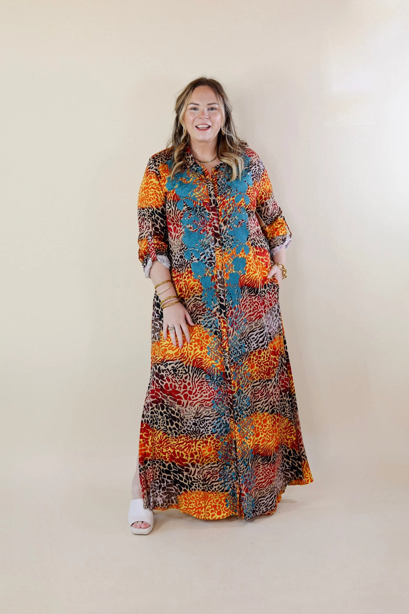 Casual Comfort AntibacterialFinish I'm All That Long Multi Color Leopard Button Up Maxi Dress with Turquoise Floral Print Embroidery