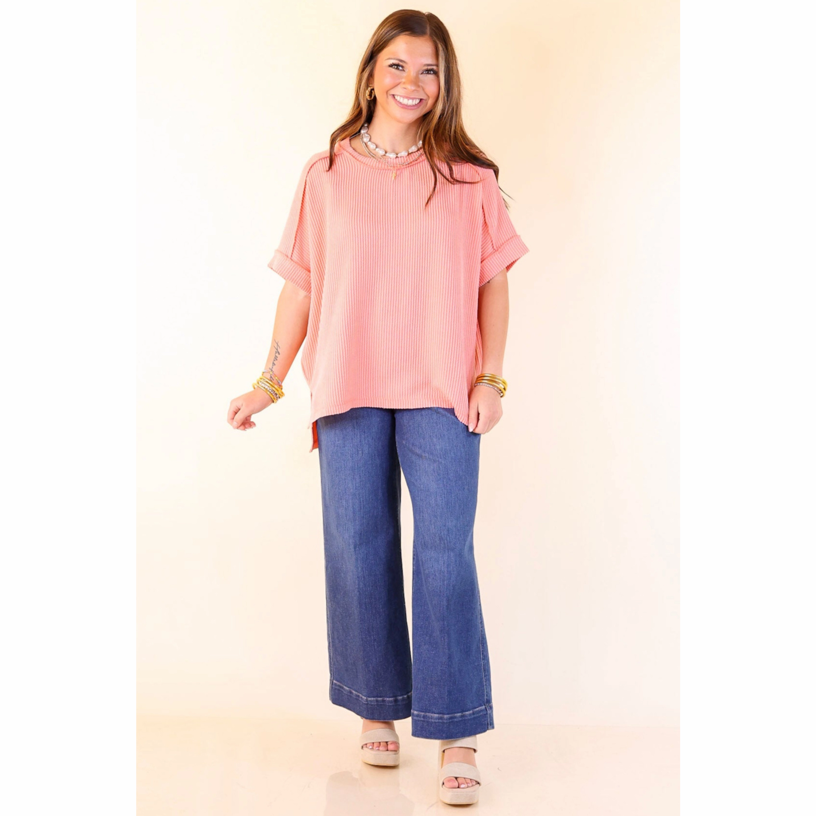 Daily Perfection Scoop Neck Short Sleeve Ribbed Top in Salmon Orange Non Iron Fabric