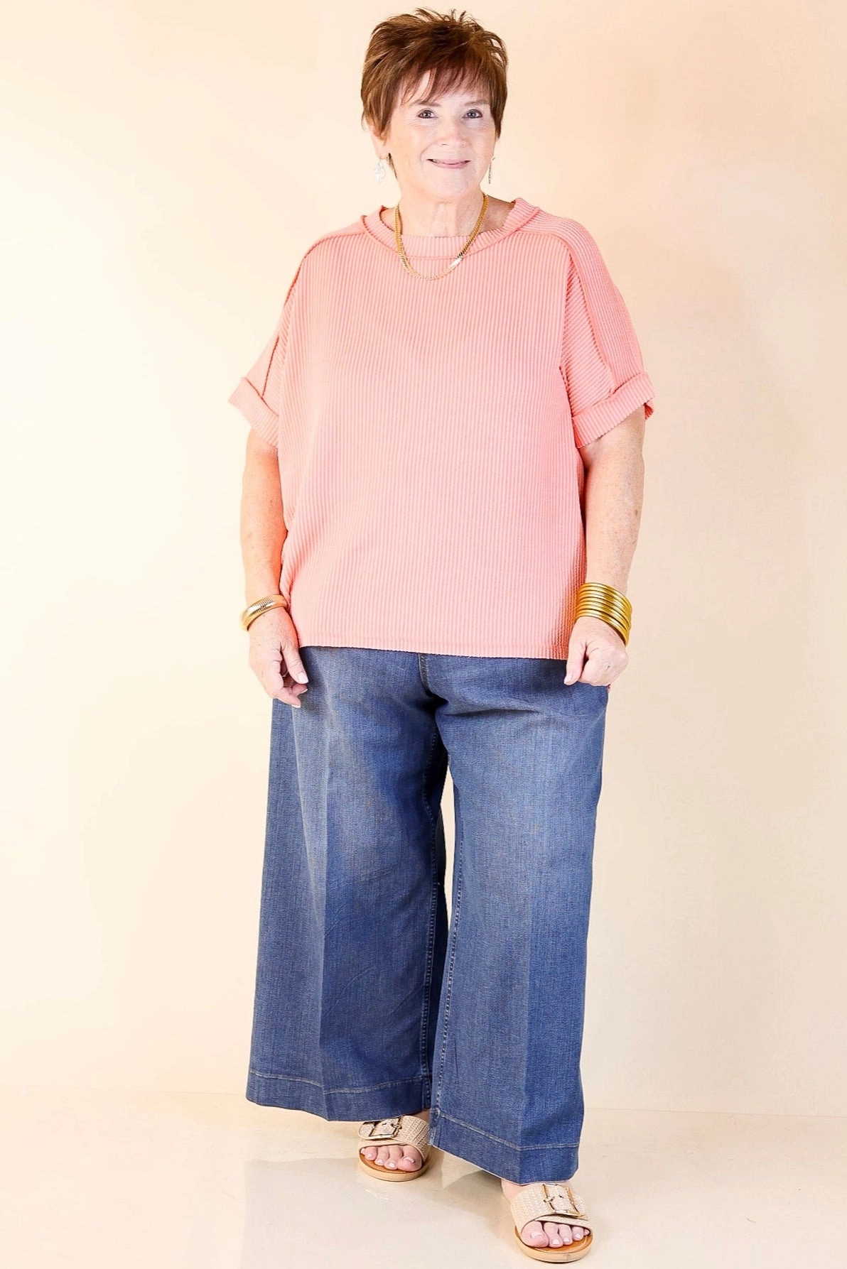 Minimal Look Daily Perfection Scoop Neck Short Sleeve Ribbed Top in Salmon Orange