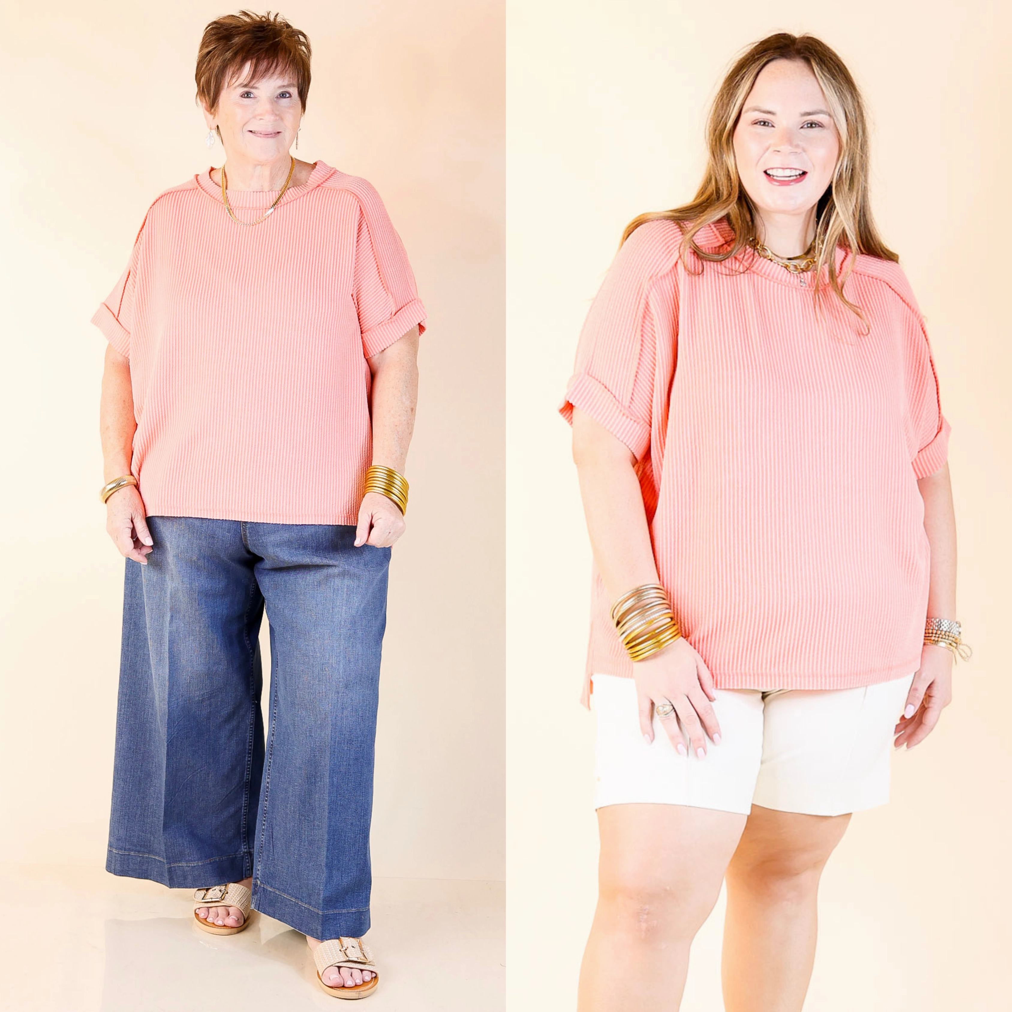 Bold Pattern Unisex wear Daily Perfection Scoop Neck Short Sleeve Ribbed Top in Salmon Orange