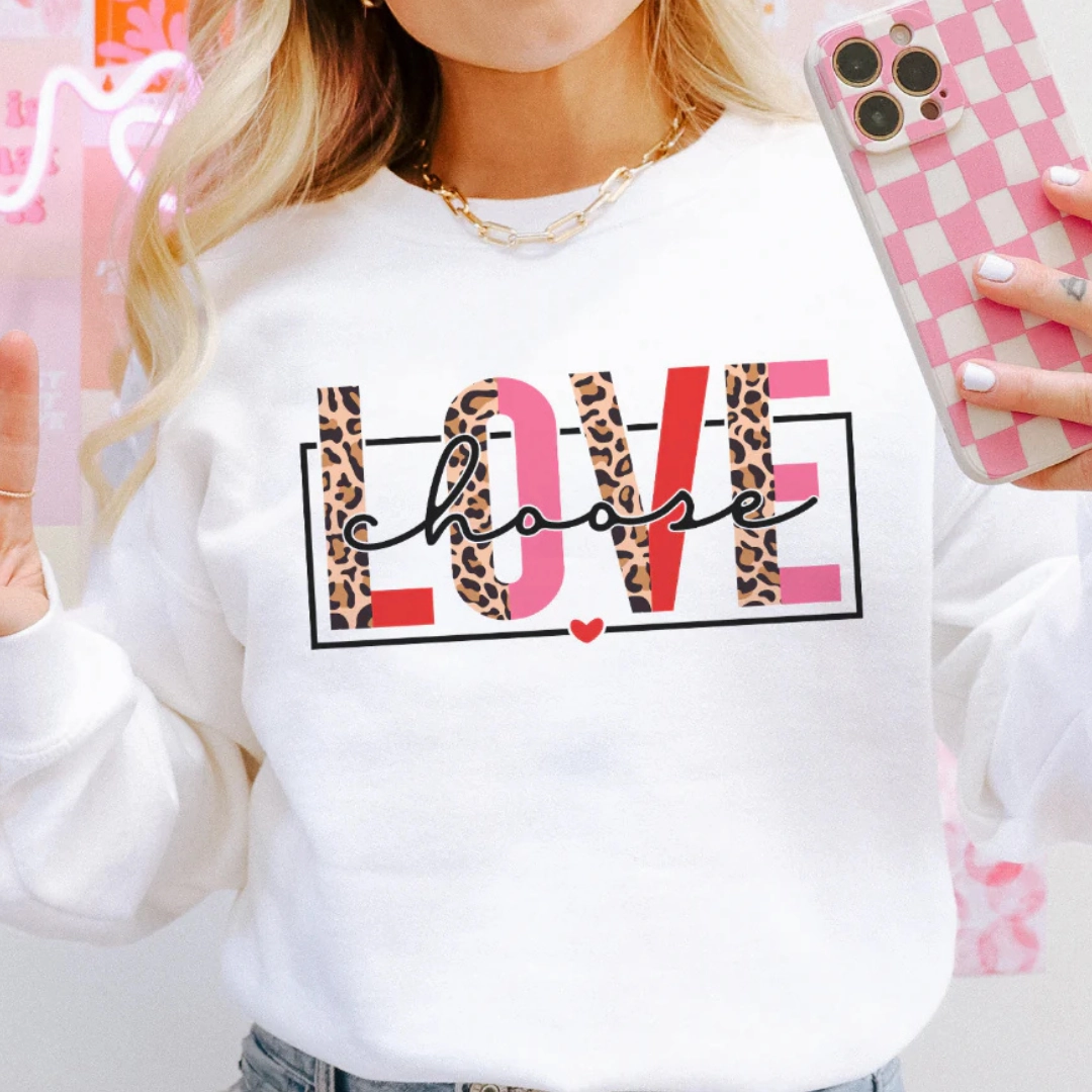 Online Exclusive | Choose Love Cheetah and Color Block Graphic Sweatshirt in White Boat Neck Cool and Chic