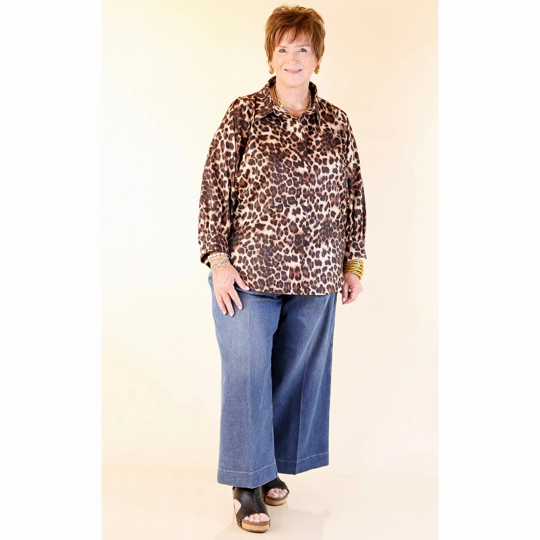 Spotted and Sweet Long Sleeve Button Up Blouse in Cheetah Print summer shorts