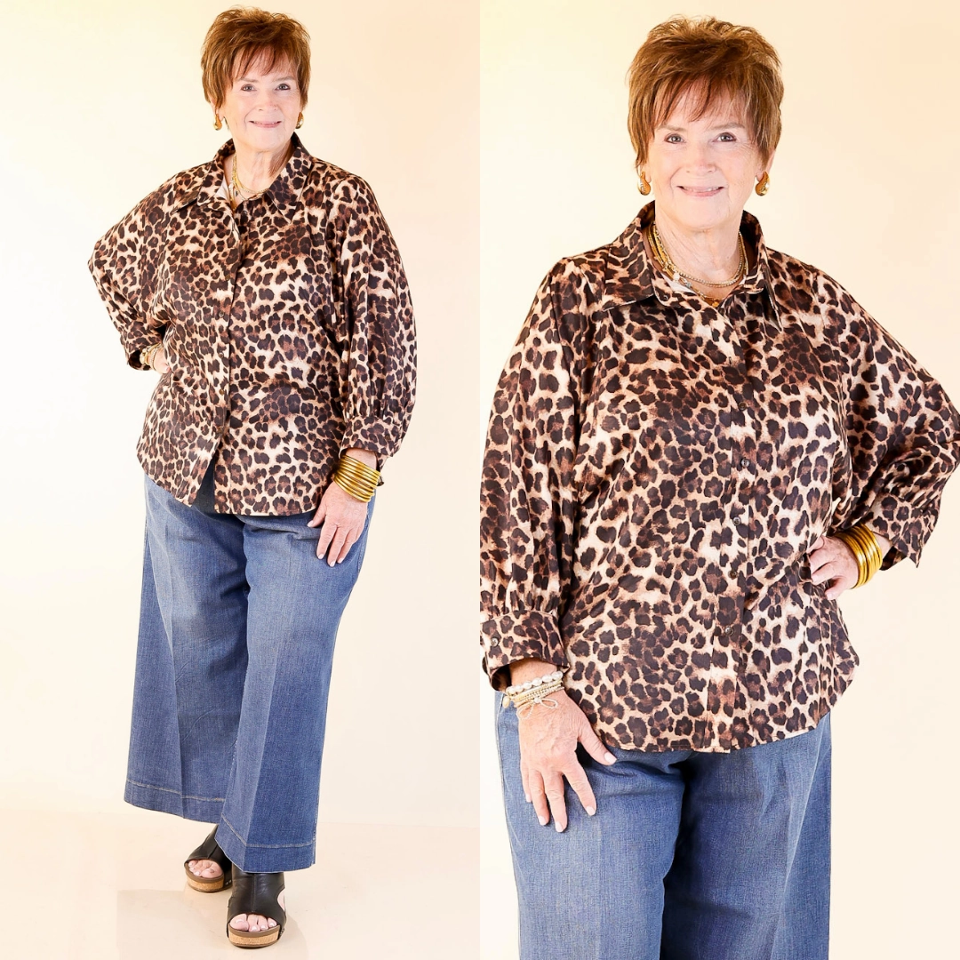 Spotted and Sweet Long Sleeve Button Up Blouse in Cheetah Print StaticResistantTextile Gloss Fit