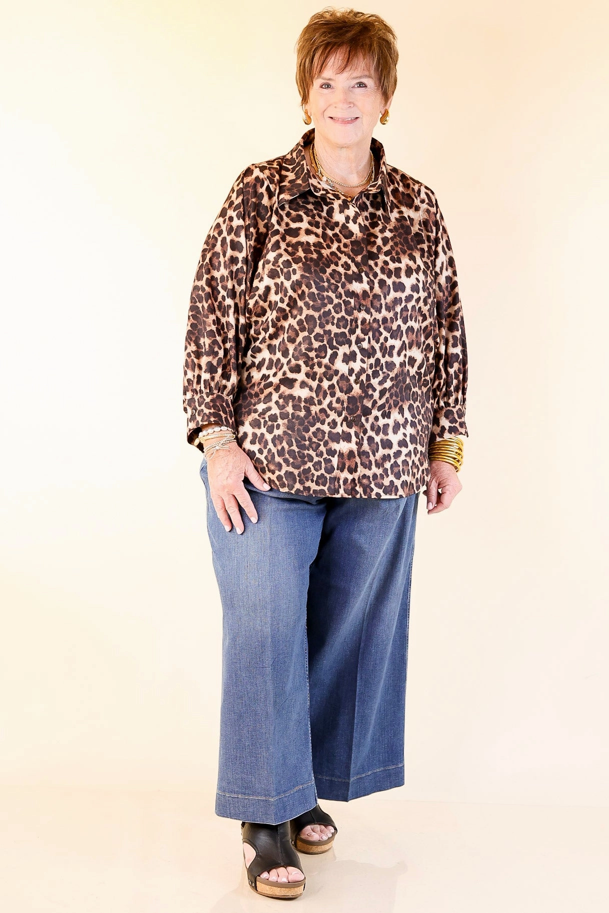 Spotted and Sweet Long Sleeve Button Up Blouse in Cheetah Print Casual Sweater
