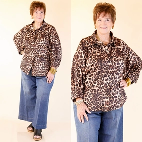 Spotted and Sweet Long Sleeve Button Up Blouse in Cheetah Print StaticResistantTextile Gloss Fit