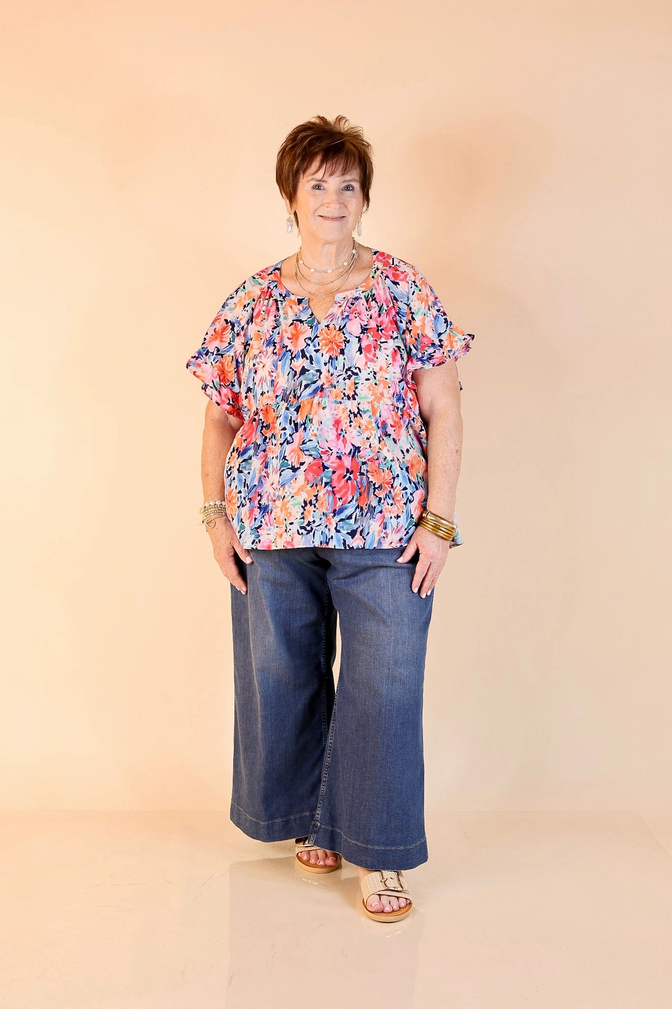 Tagless Design Spring Fever Floral Babydoll Top with Ruffle Short Sleeves in Pink and Blue Mix