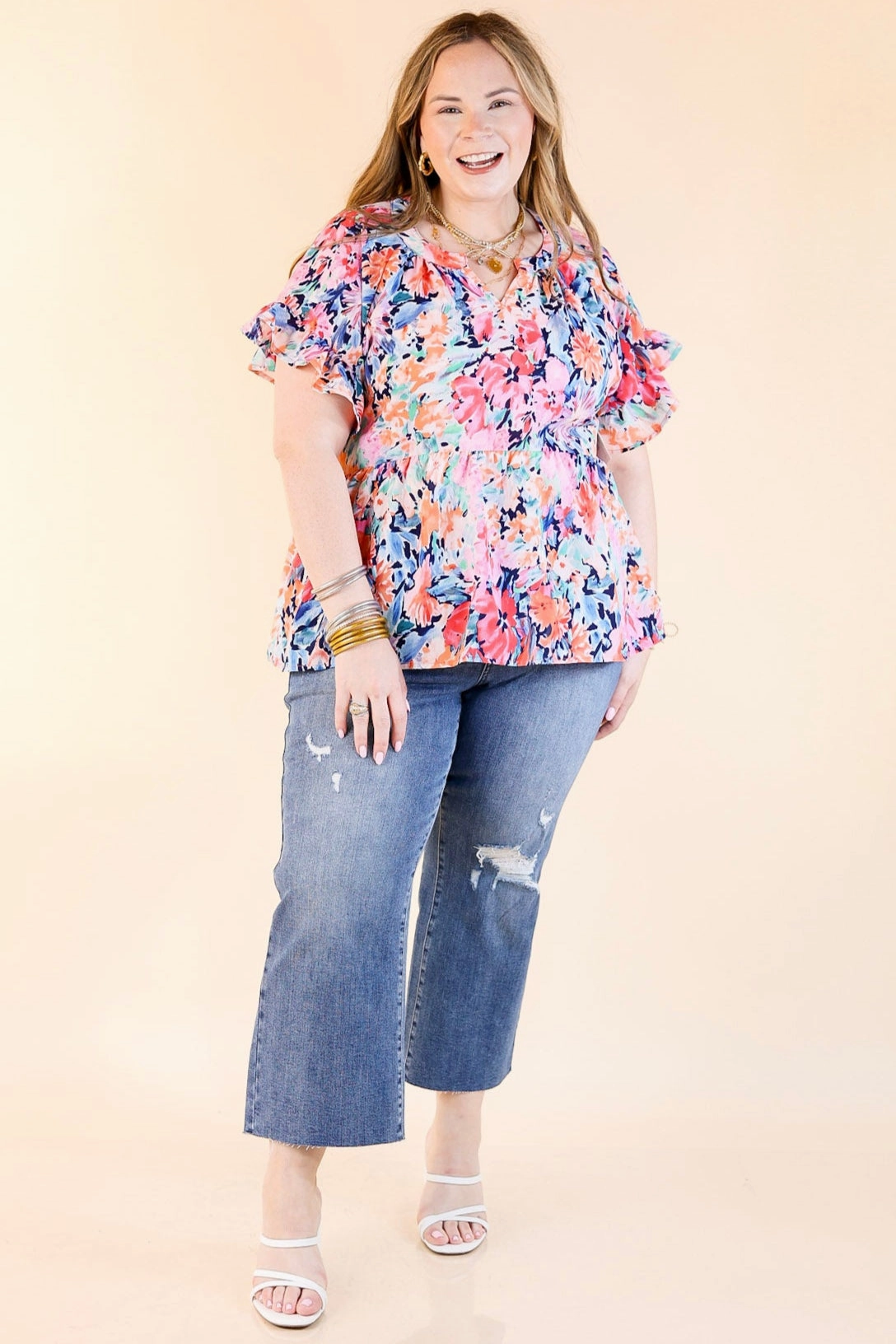 Petite Option Spring Fever Floral Babydoll Top with Ruffle Short Sleeves in Pink and Blue Mix