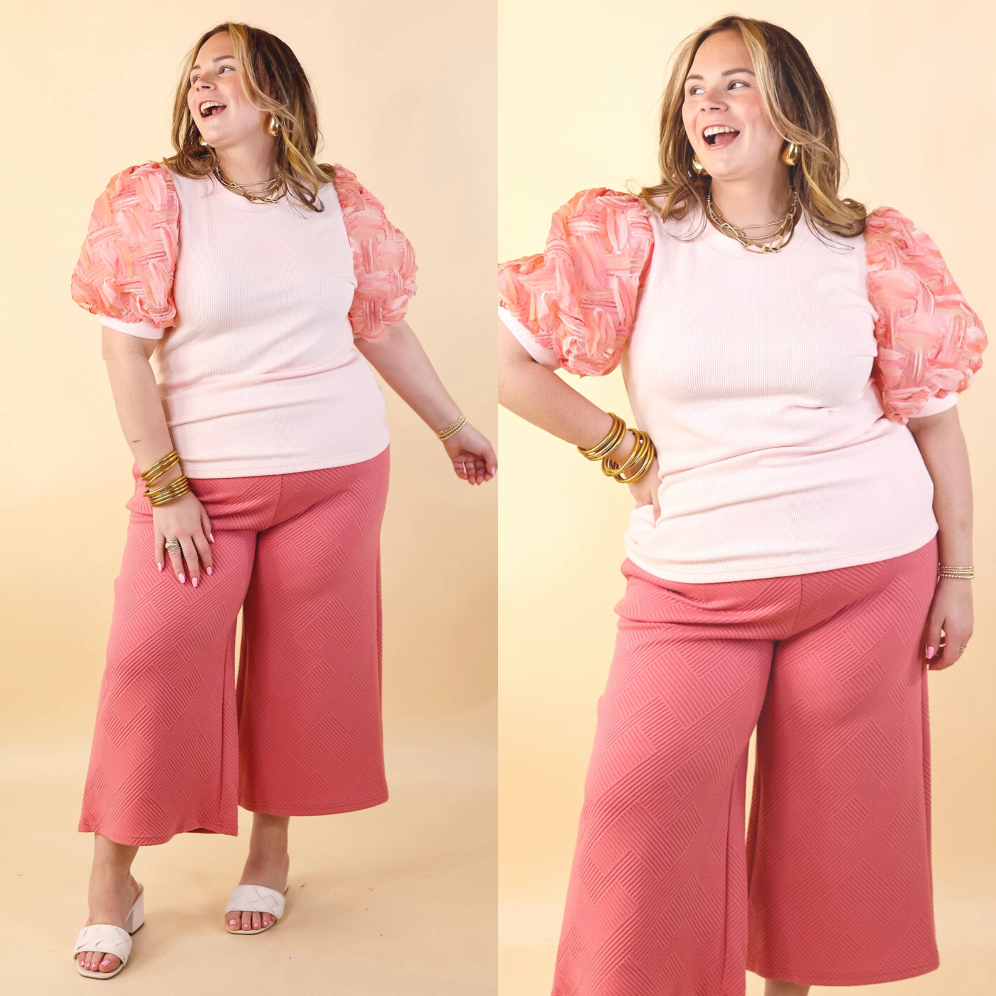 Spring Girls Multi-Color Geometric Stripe Tulle Balloon Sleeve Top in Pink UniversalFit