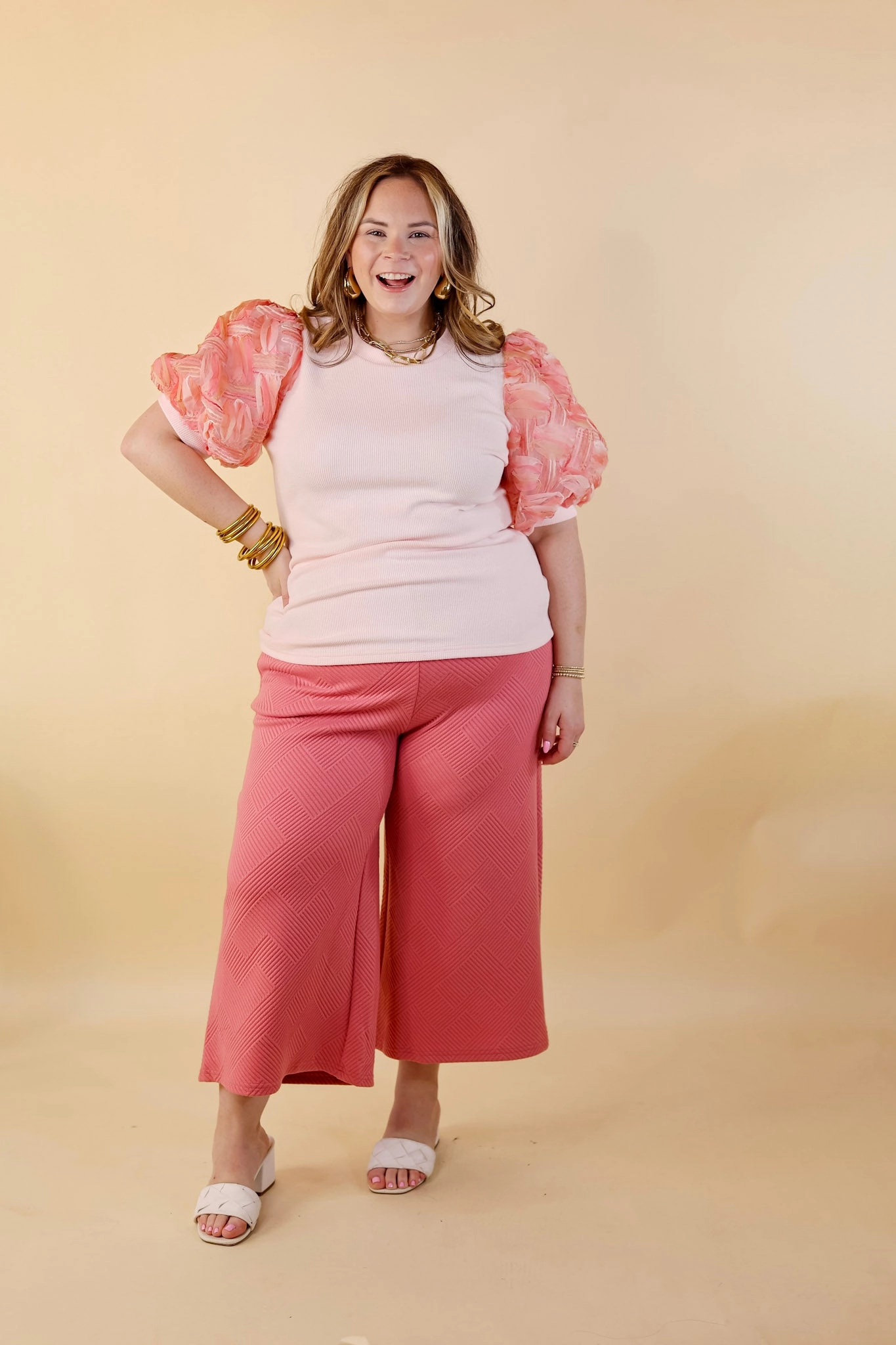 Cyber Core StainRepellentSurface Spring Girls Multi-Color Geometric Stripe Tulle Balloon Sleeve Top in Pink