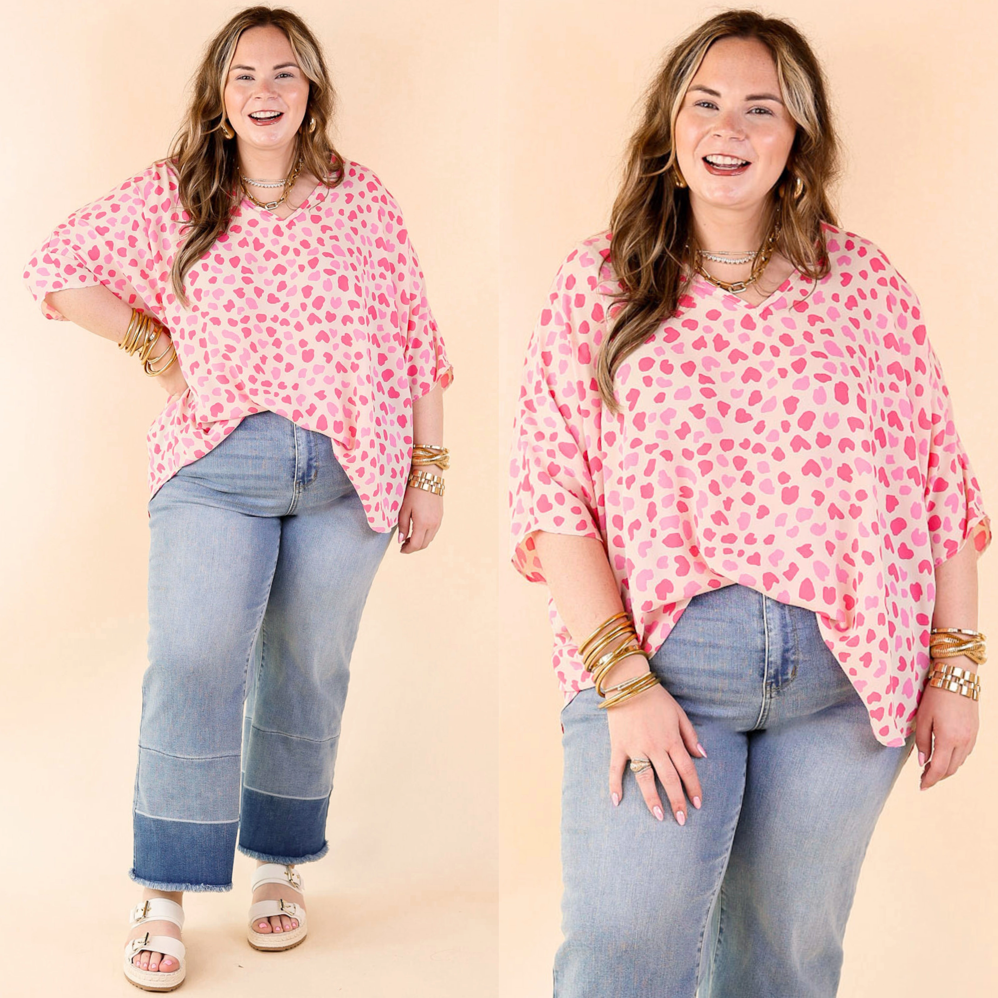 Tall friendly Spring It On Dotted Print Poncho Top in Pink Mix