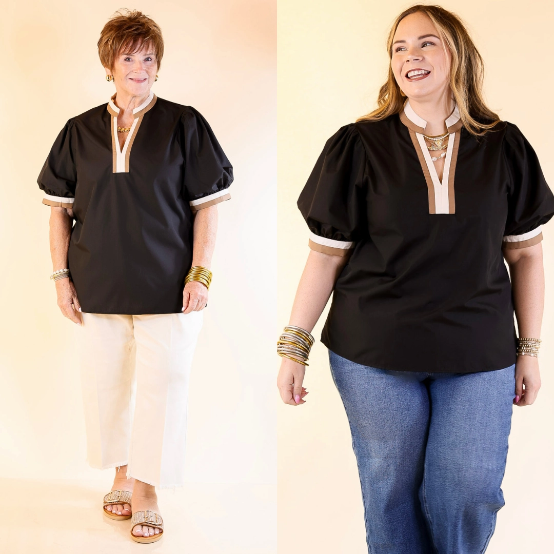 Gym Appropriate Standout Style V Neck Top with Short Balloon Sleeves and Natural Color Trim in Black