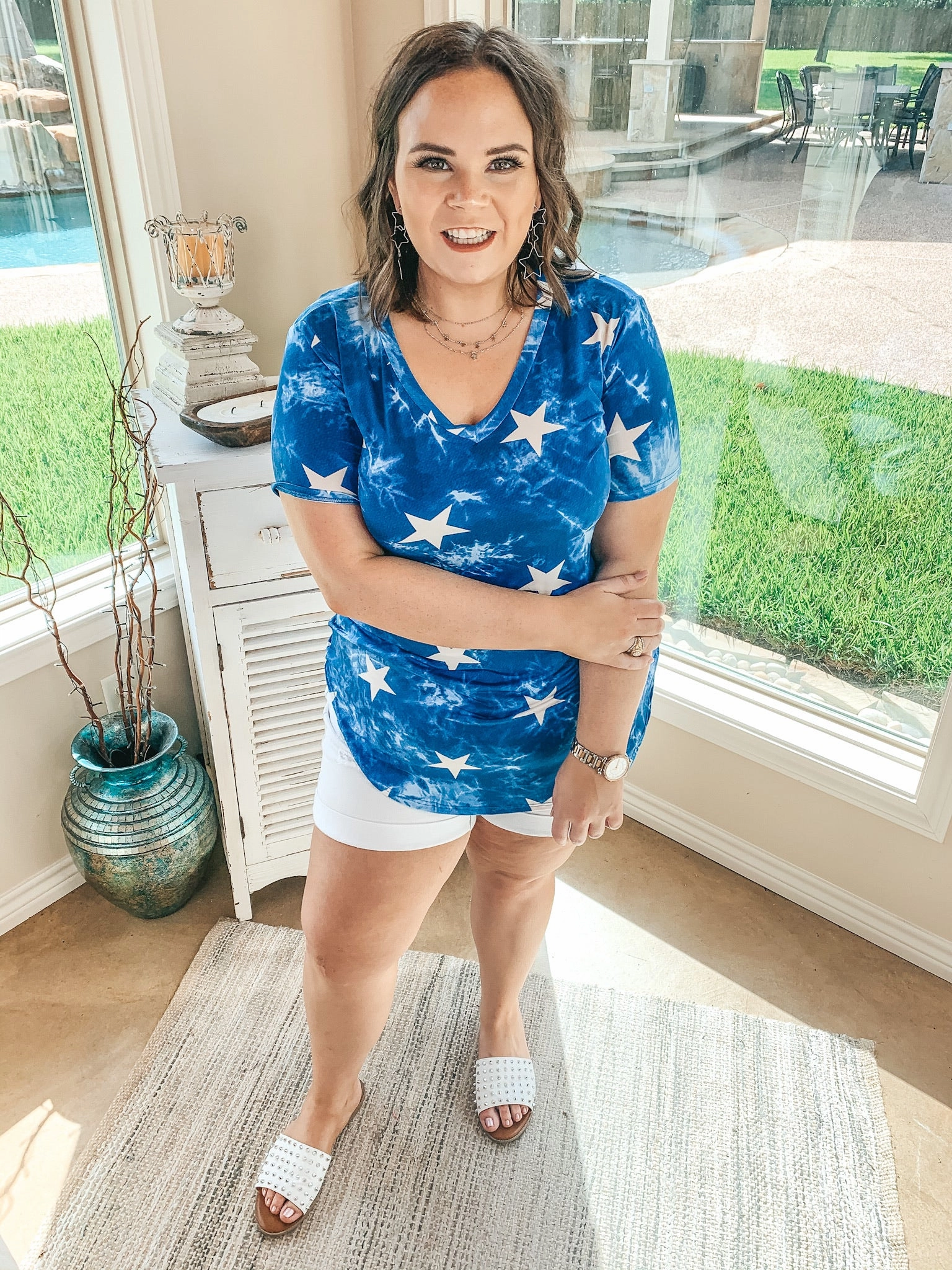 Stars in My Eyes Tie Dye V Neck Tee Shirt with Stars in Royal Blue SoftenedEdges