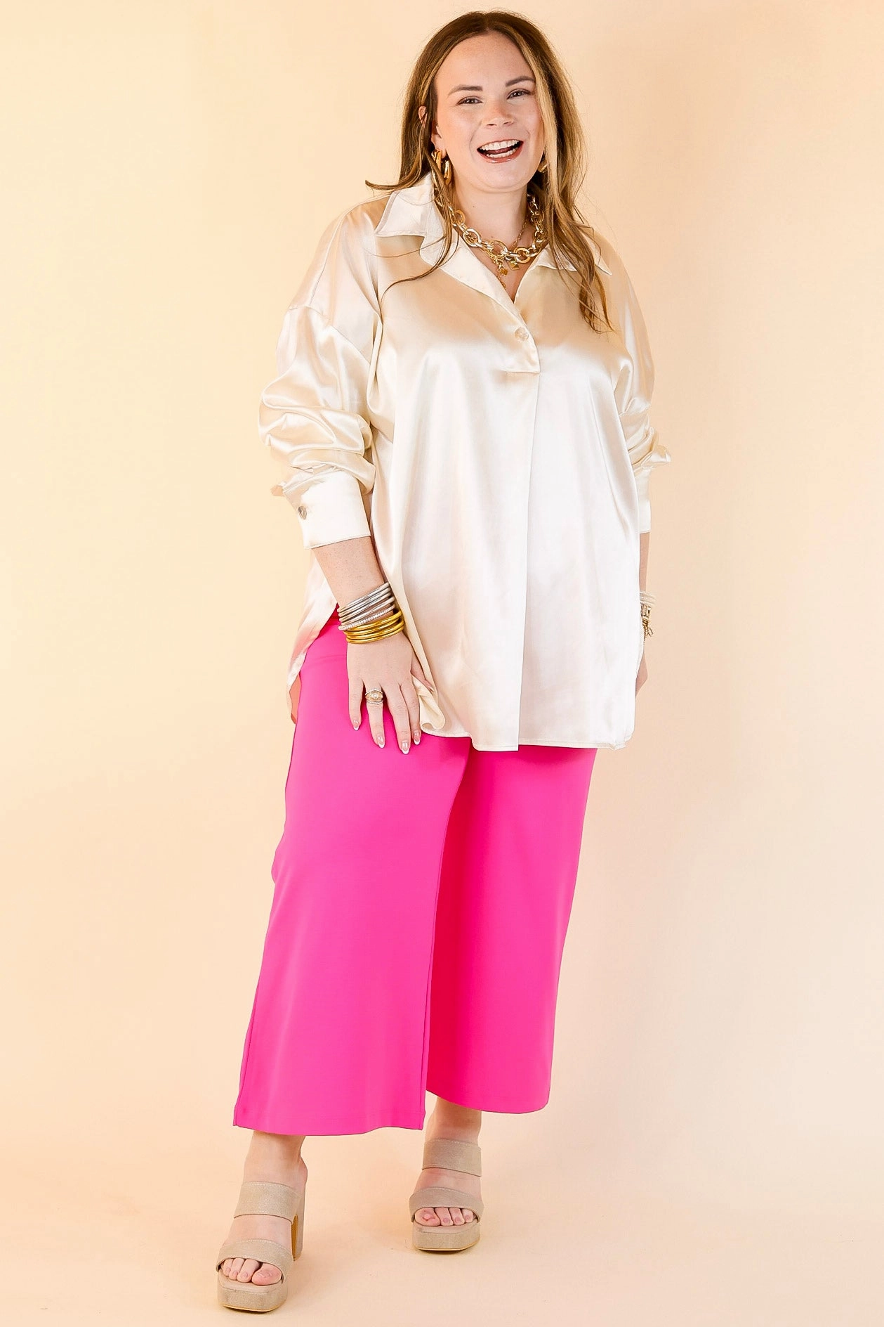 Soft Touch Start The Show Satin Long Sleeve Collared Top in Ivory