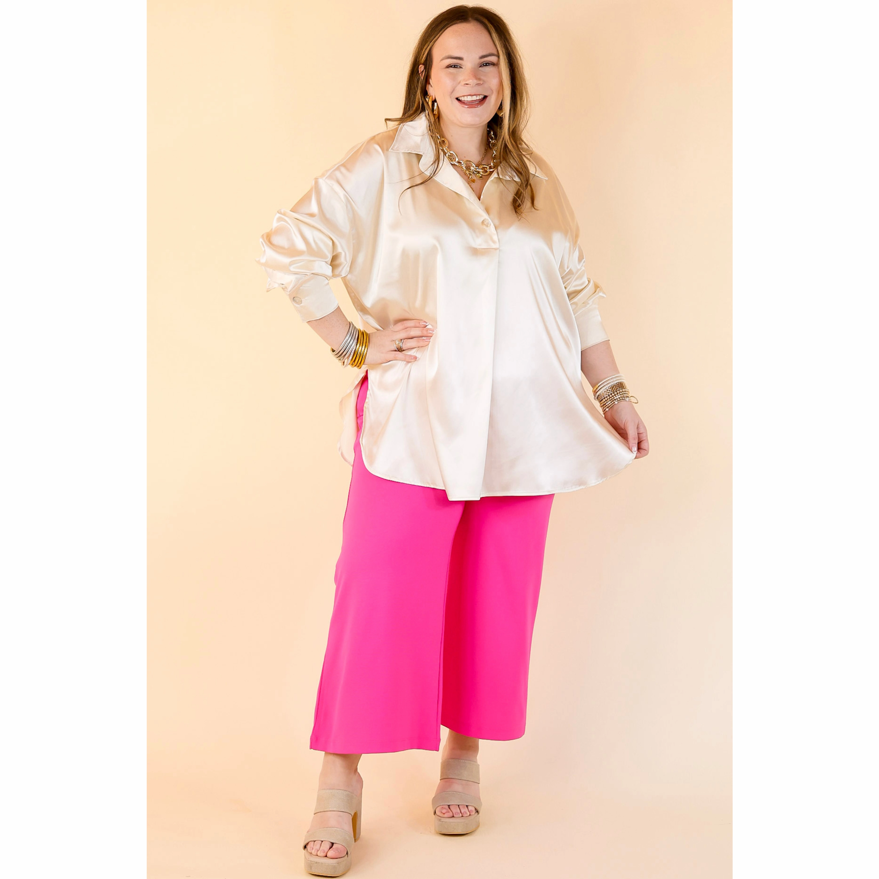 Unstructured Shoulder Start The Show Satin Long Sleeve Collared Top in Ivory