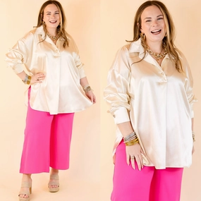 Start The Show Satin Long Sleeve Collared Top in Ivory Standalone Option Stretchable Cloth
