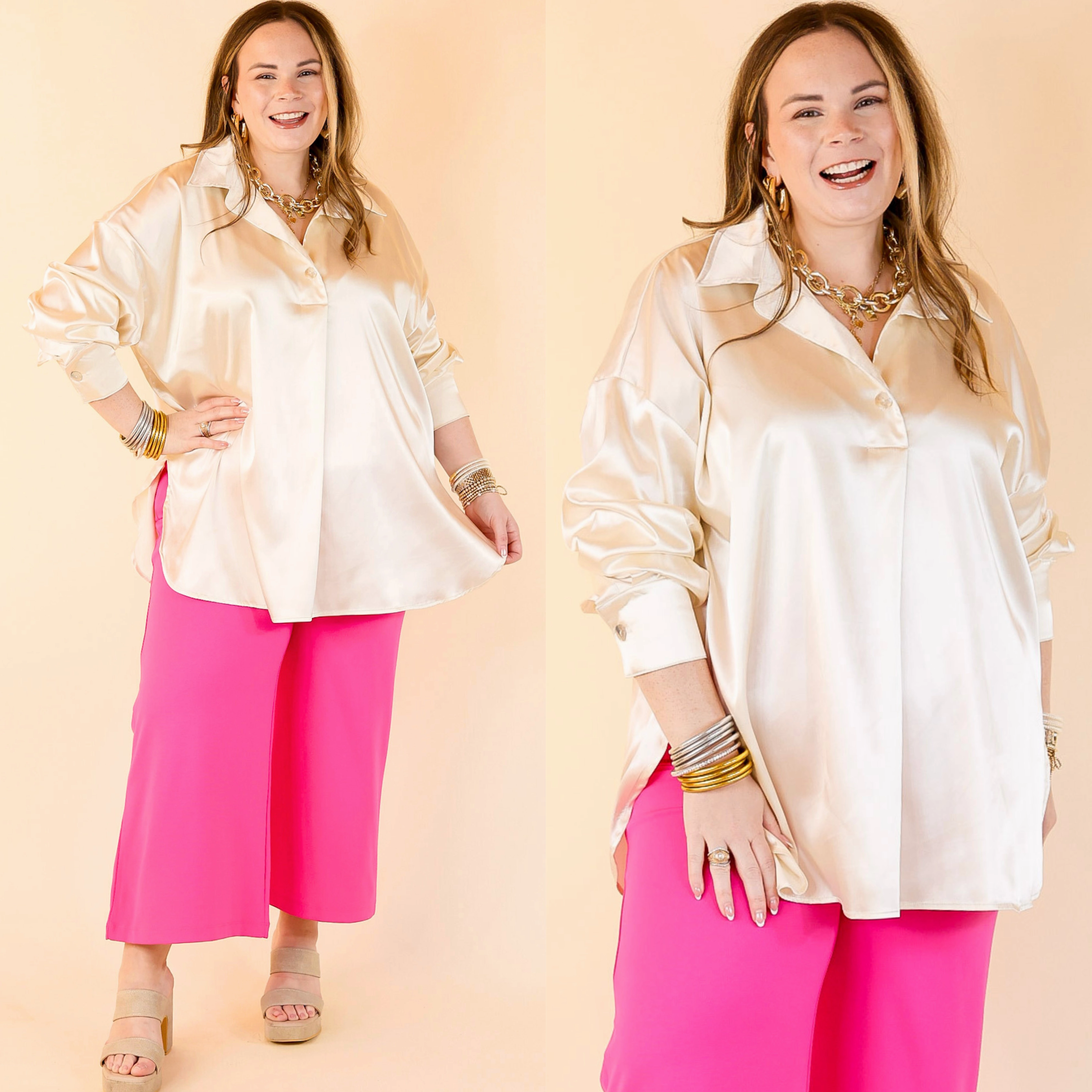Start The Show Satin Long Sleeve Collared Top in Ivory Standalone Option Stretchable Cloth
