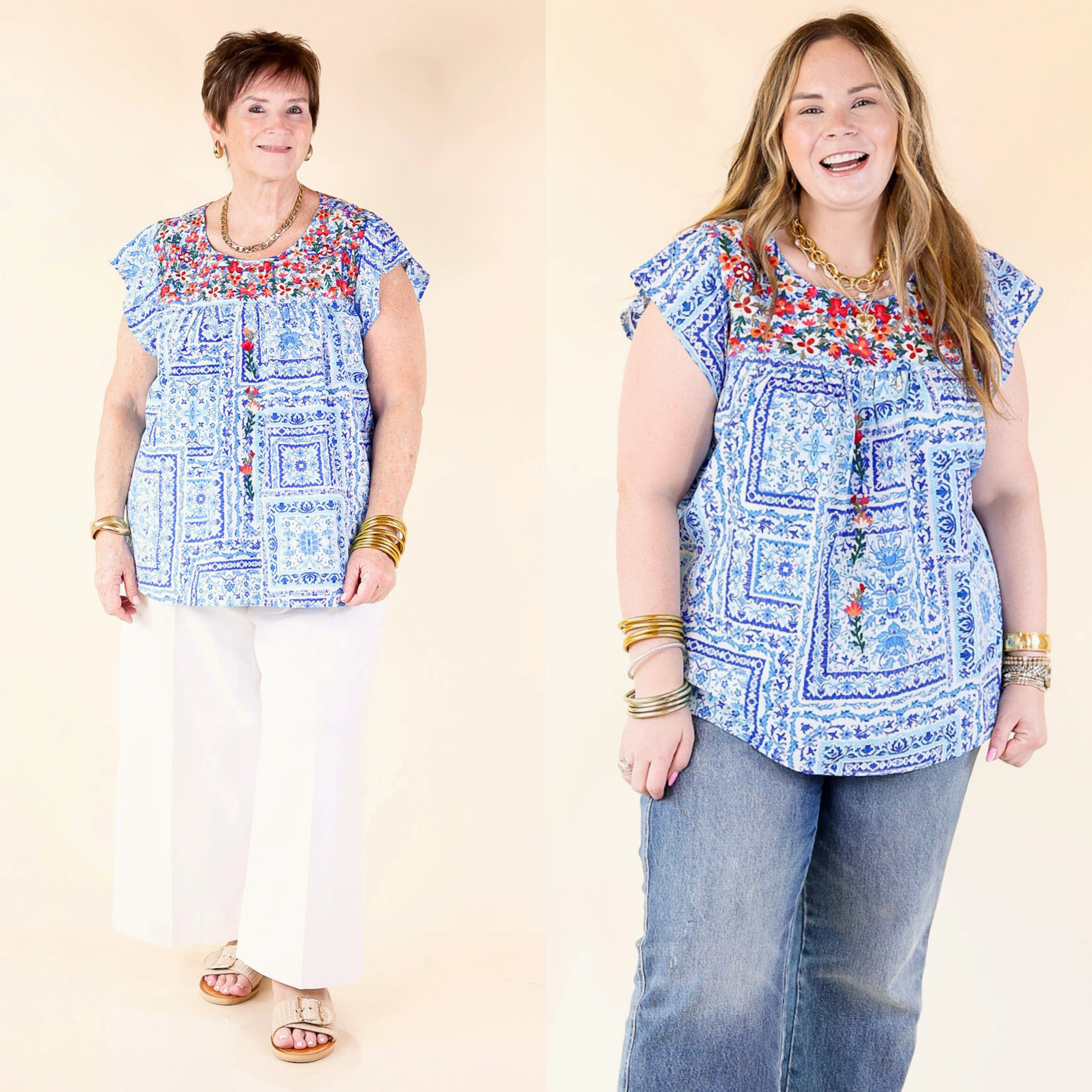 Cooling Core Technology Lajitas Lady Floral Embroidered Babydoll Top in Blue and White