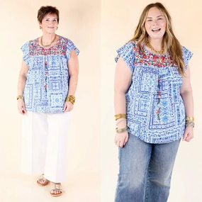 Cooling Core Technology Lajitas Lady Floral Embroidered Babydoll Top in Blue and White