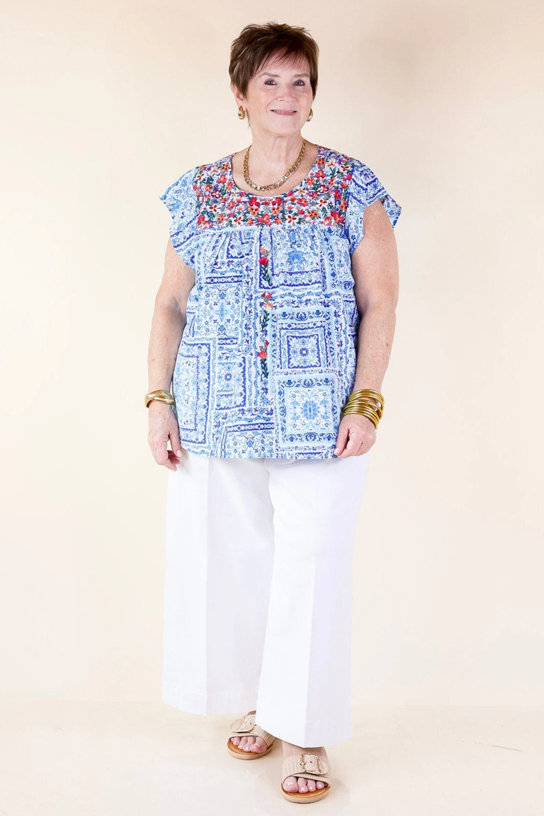 Lajitas Lady Floral Embroidered Babydoll Top in Blue and White Layering Essential