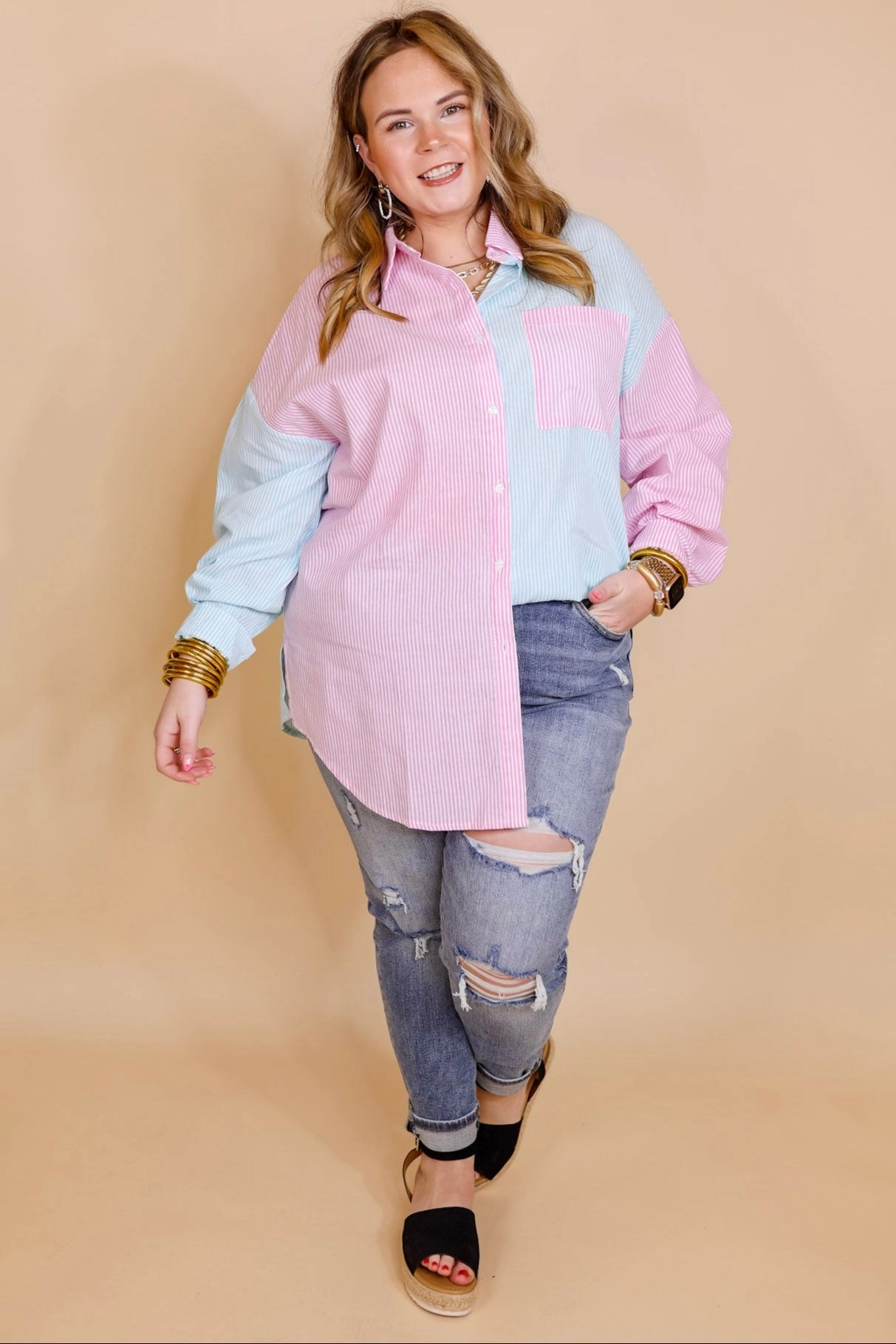 Simply Polished Pin Stripe Long Sleeve Button Up Top in Blue and Pink Smooth Texture