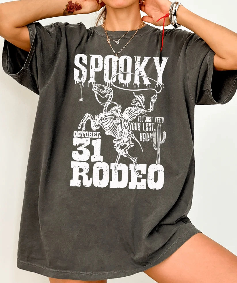 Online Exclusive | Spooky Rodeo Halloween Graphic on Short Sleeve Comfort Color Tee in Pepper Black StretchFabric Soft Fit Wear