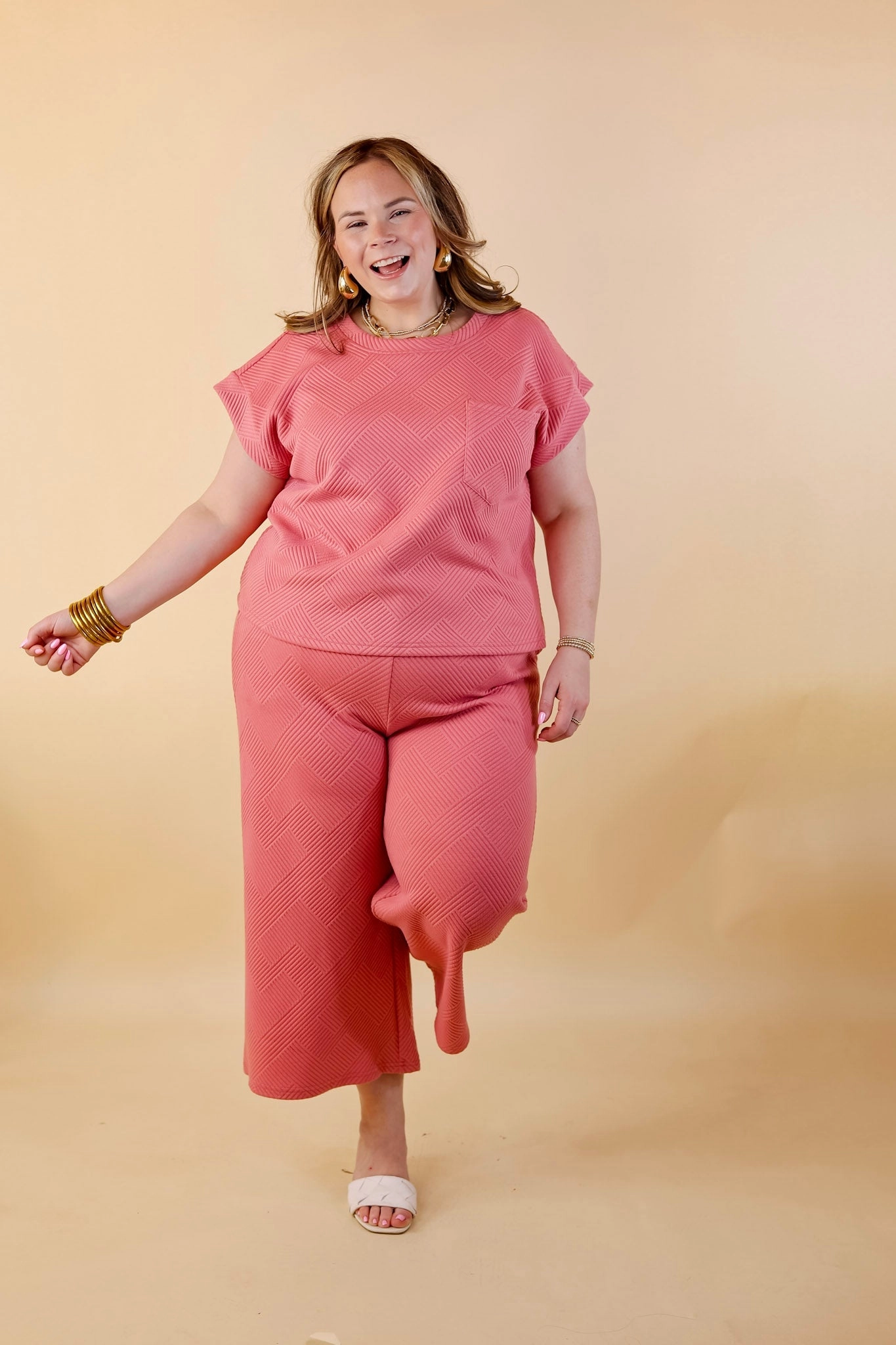 Glamour on the Go Textured Wide Leg Pant in Coral Casual Sweater