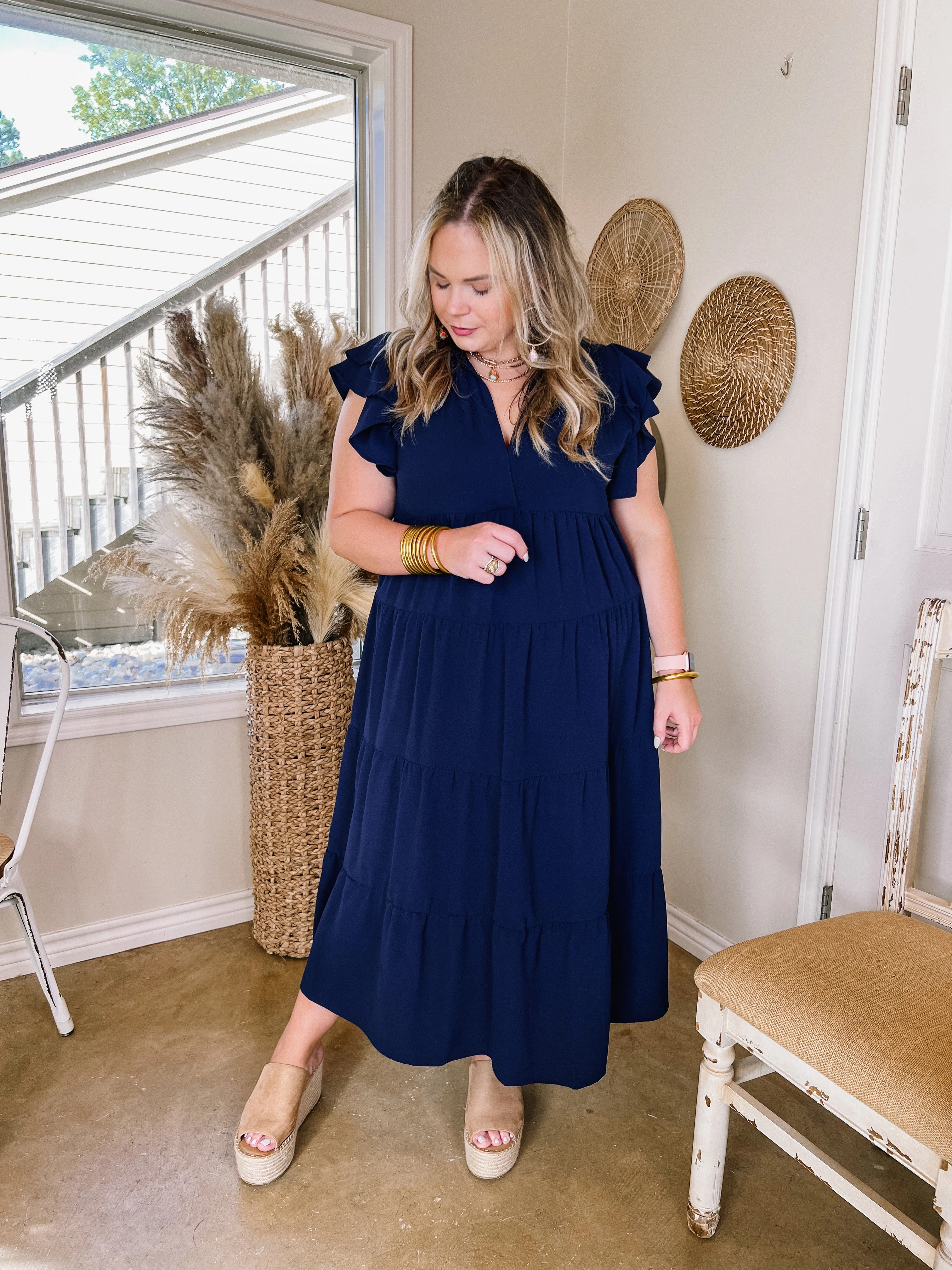 All Of A Sudden Tiered Midi Dress with Ruffle Cap Sleeves in Navy Blue Work Mix