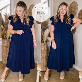 AntiStaticMaterial All Of A Sudden Tiered Midi Dress with Ruffle Cap Sleeves in Navy Blue