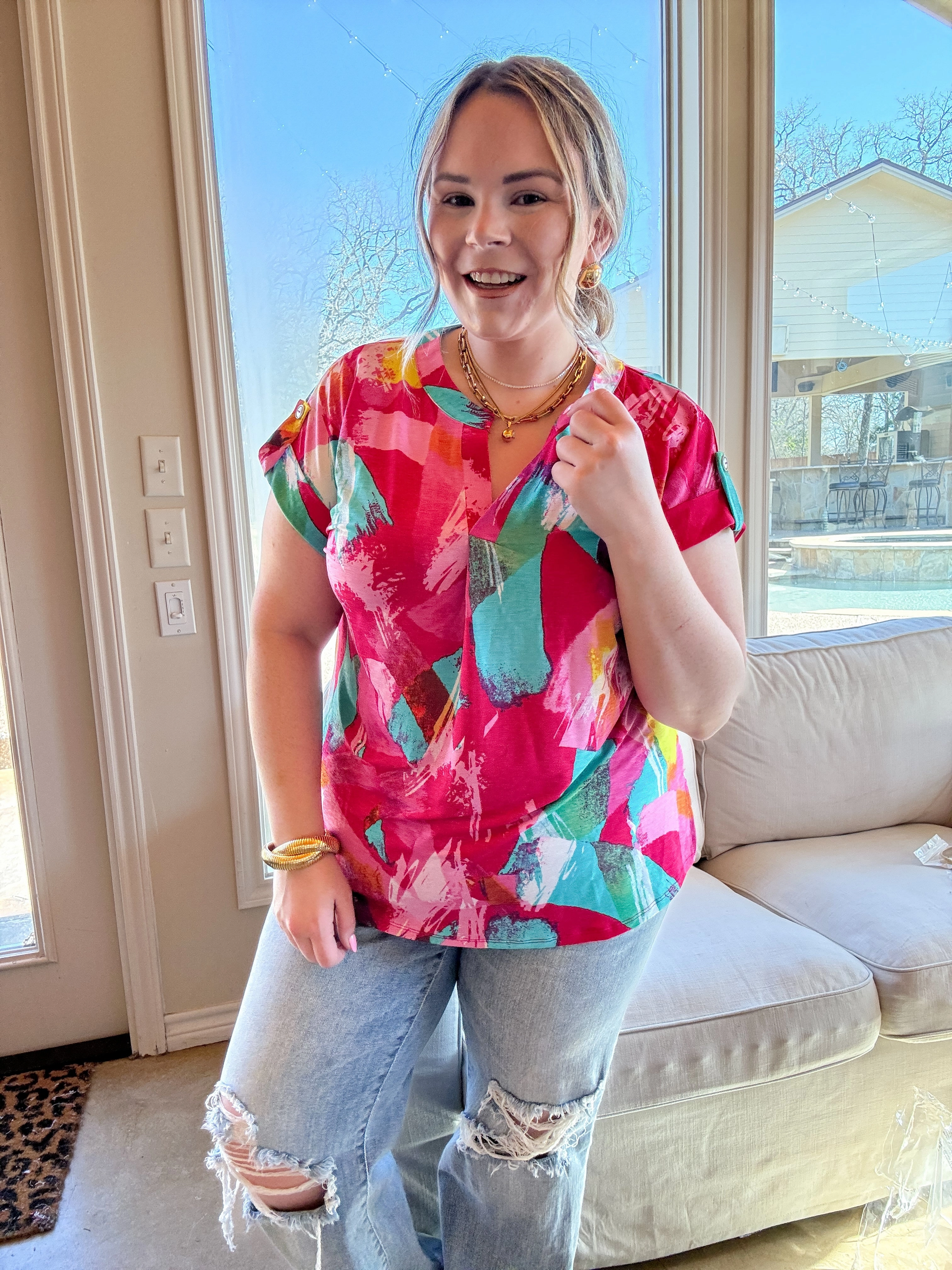 Downtown Darling Watercolor Short Sleeve Tunic Top in Pink Mix winter clothing