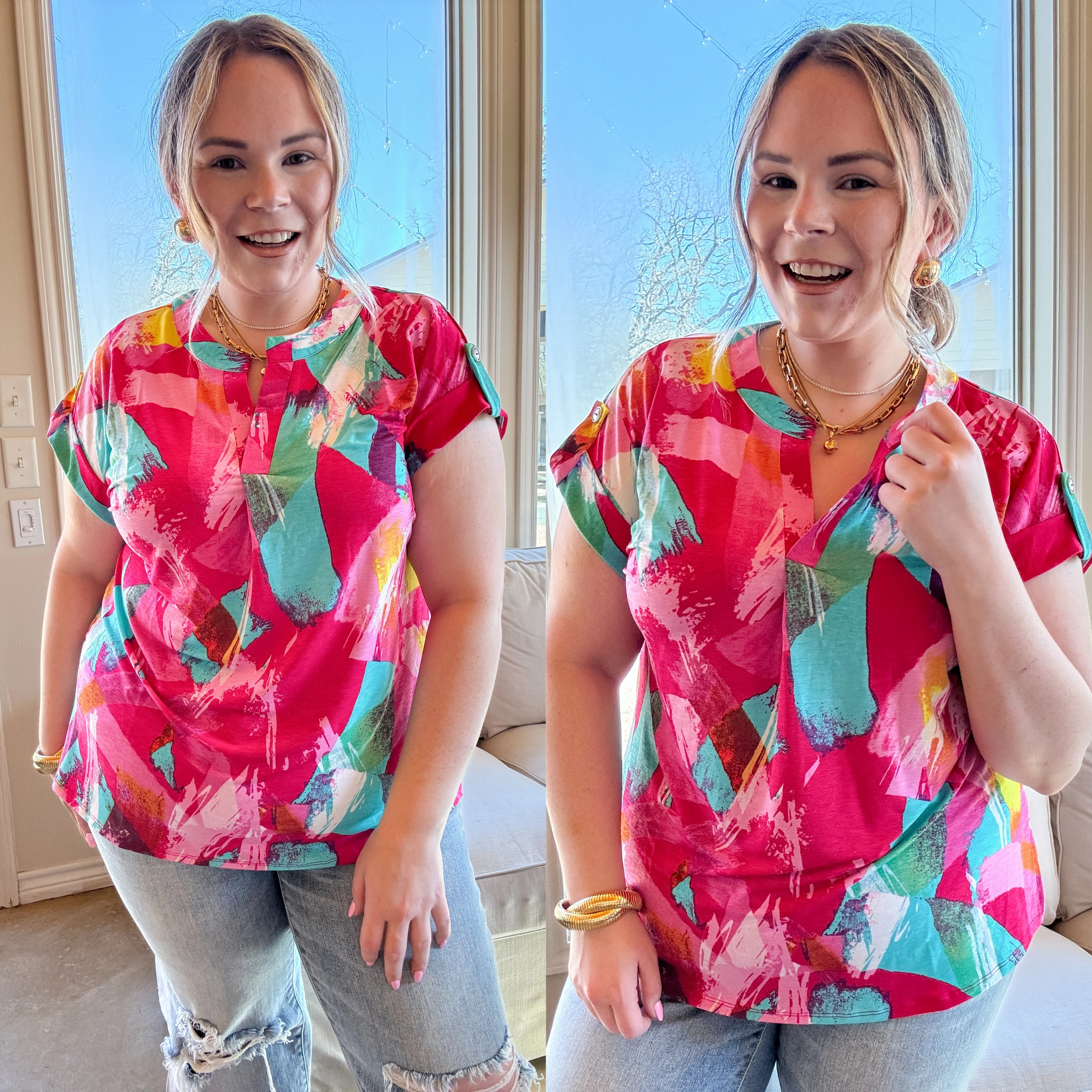 Downtown Darling Watercolor Short Sleeve Tunic Top in Pink Mix Breathable knit