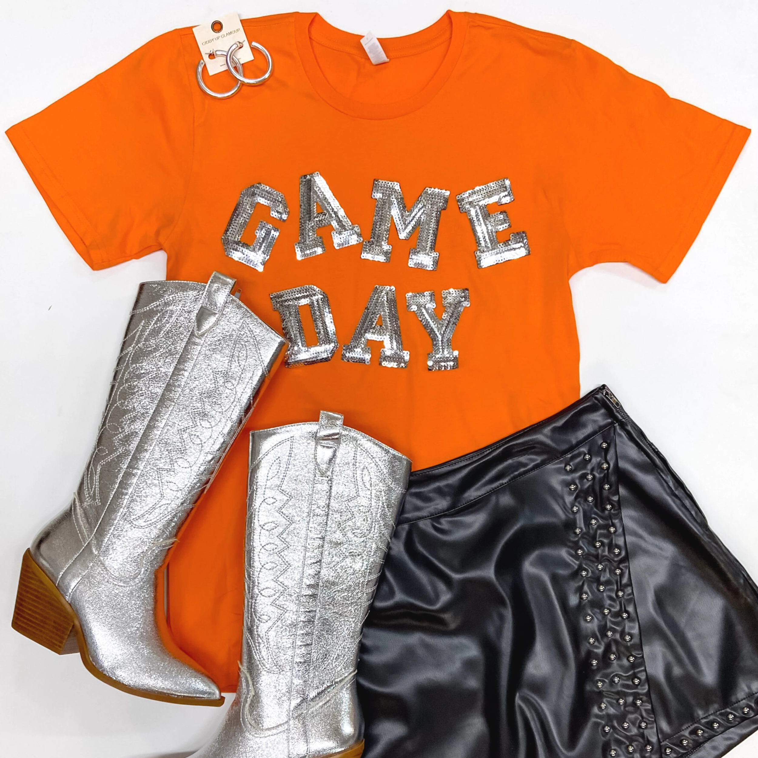Gameday Silver Sequin Letter Short Sleeve Graphic Tee in Orange StretchFit LowMaintenanceFabric