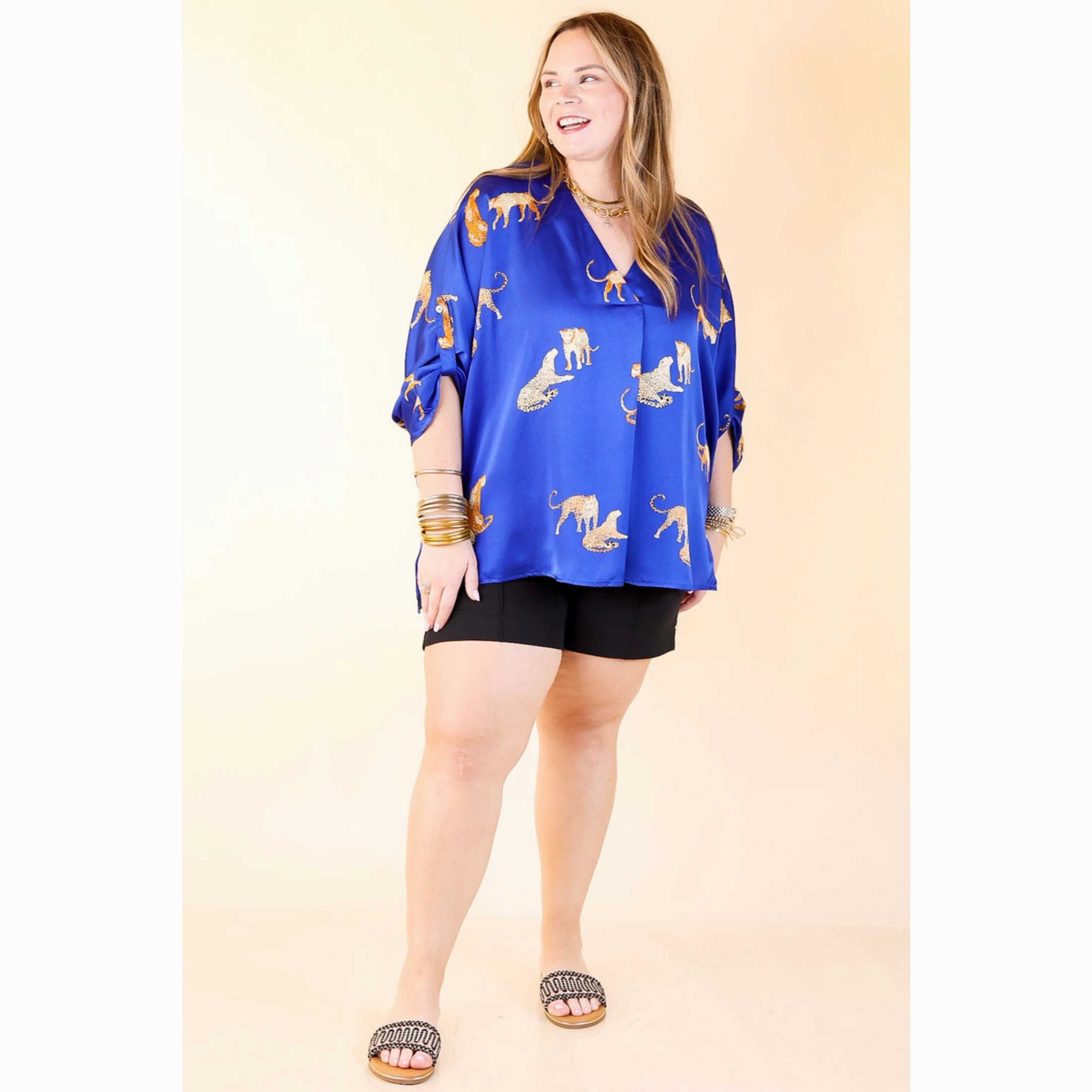 Refined Aesthetic Evening Elegance Staying Wild V-Neck Leopard Print 3/4 Sleeve Blouse in Royal Blue