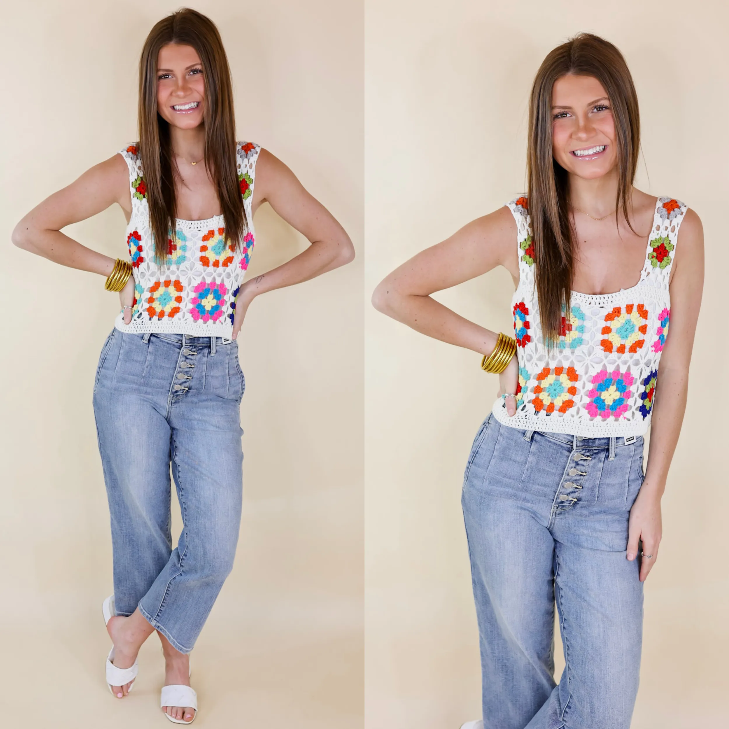 Steps To The Beach Floral Crochet Crop Top in Ivory Durable Stitching Lightweight Vest