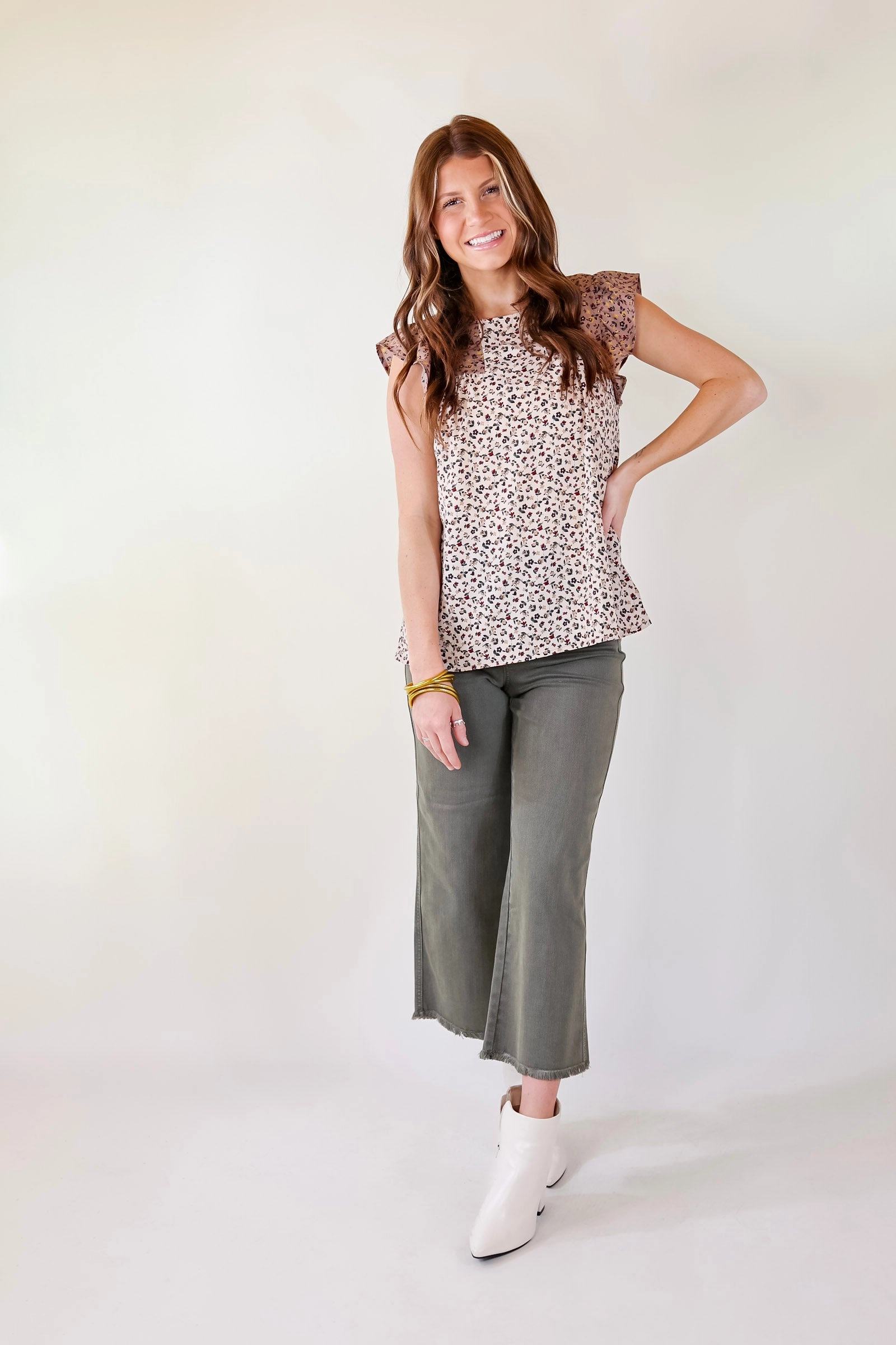 Stick Around Floral Print Top with Ruffle Cap Sleeves in Beige Mix Morning Ease Flexible Apparel