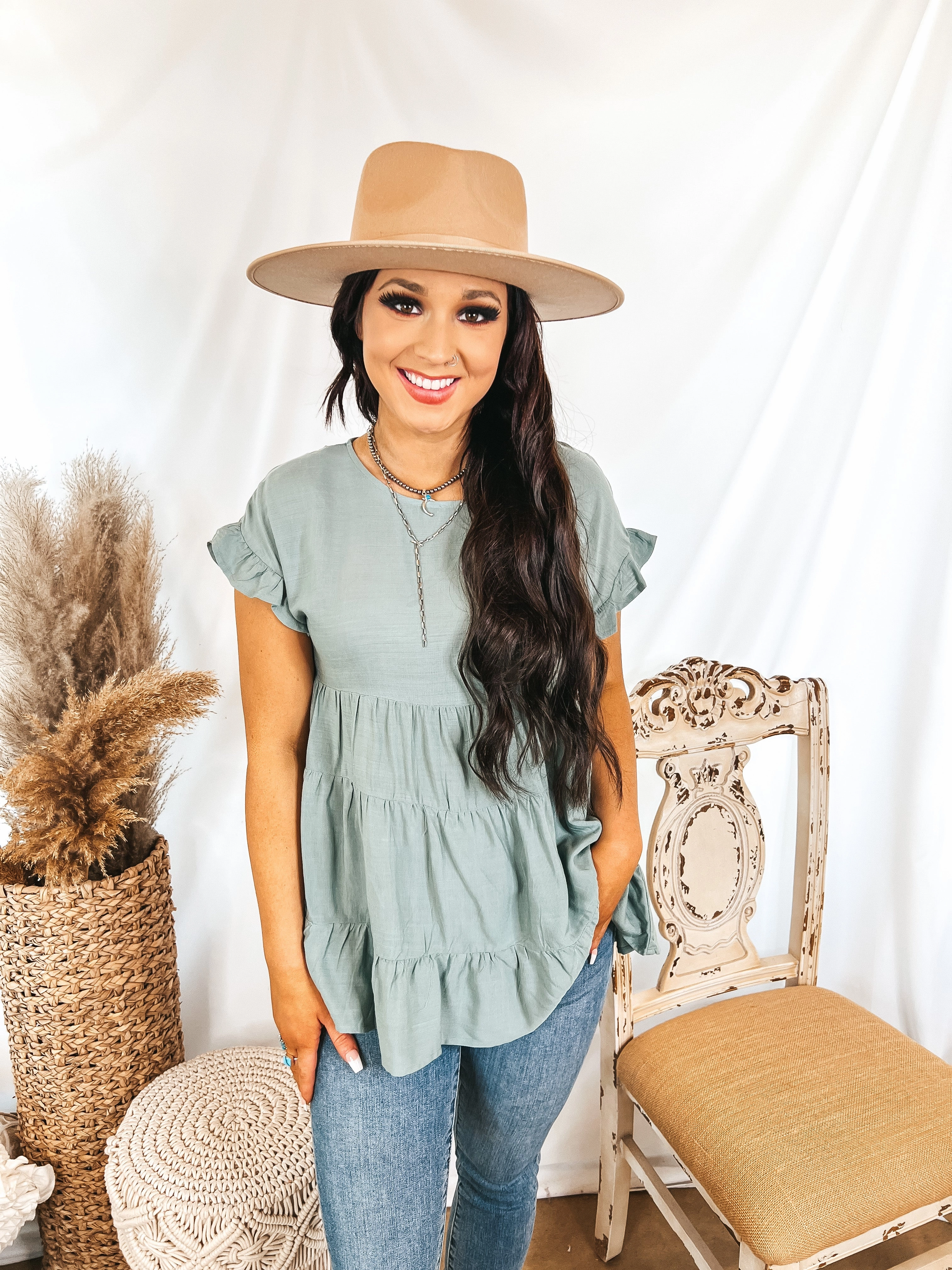 AbrasionResistantFabric Last Chance Size Small | Belong To You Tiered Top with Ruffle Cap Sleeves in Sage Green