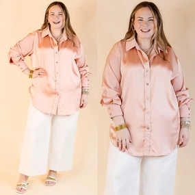 Tell Me Something Good Long Sleeve Button Up Top in Peach Pink Casual Comfort