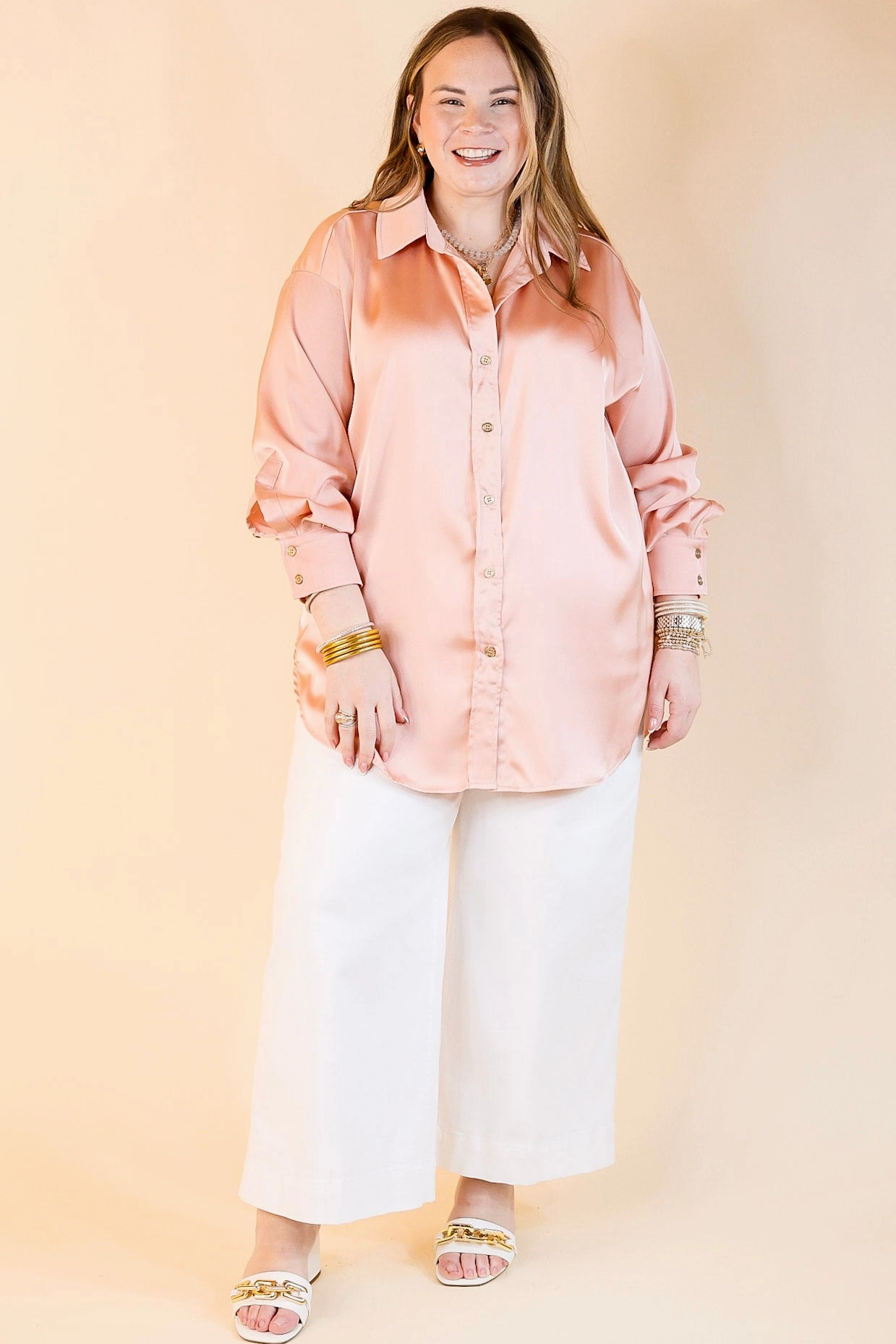 Tell Me Something Good Long Sleeve Button Up Top in Peach Pink Long Sleeve