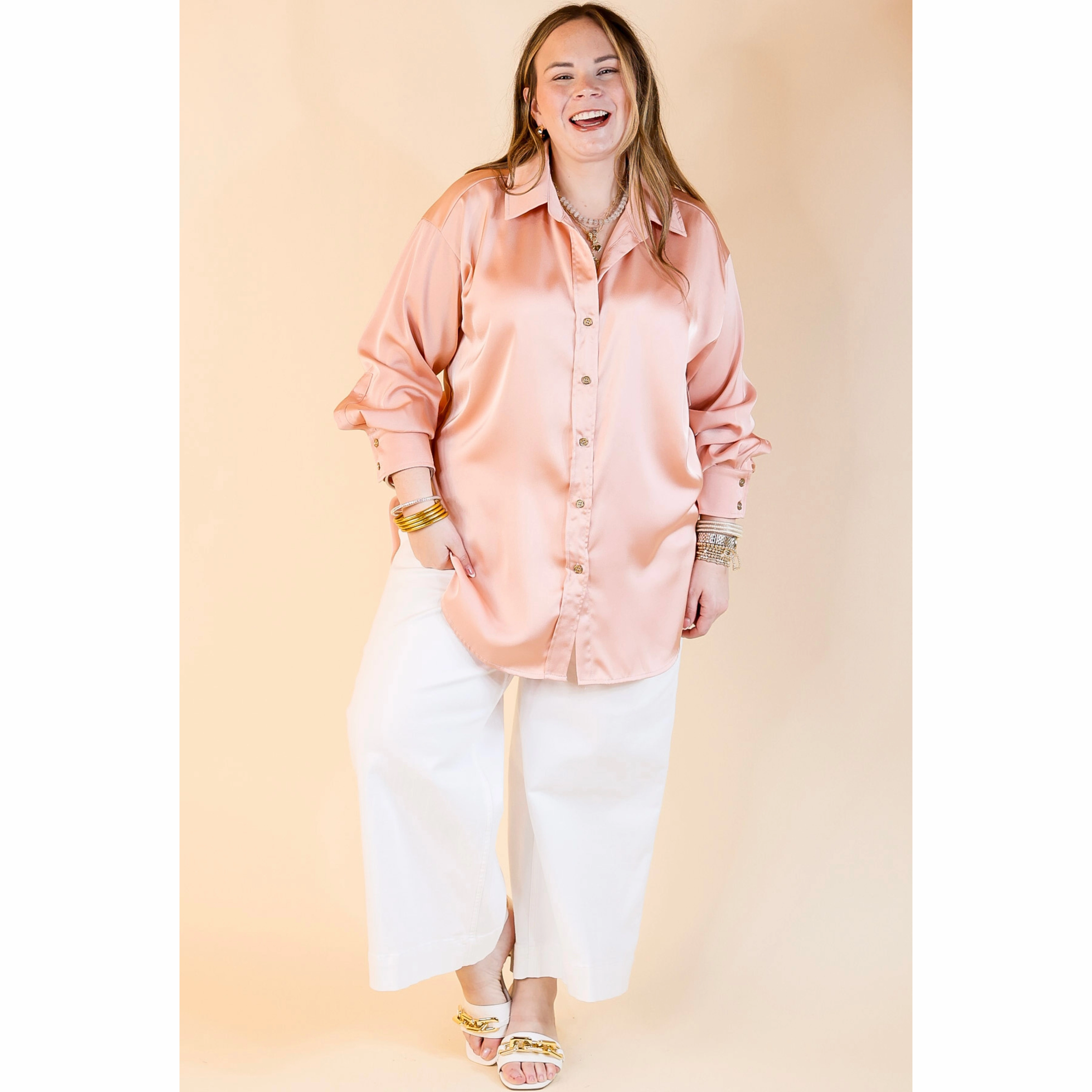 Tell Me Something Good Long Sleeve Button Up Top in Peach Pink Minimalist Design V-Neck